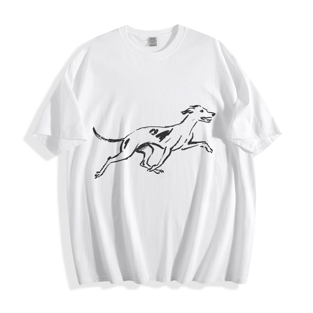 A white short-sleeve crewneck t-shirt featuring a black line art graphic of a running dog on the front, displayed against a clean white background.