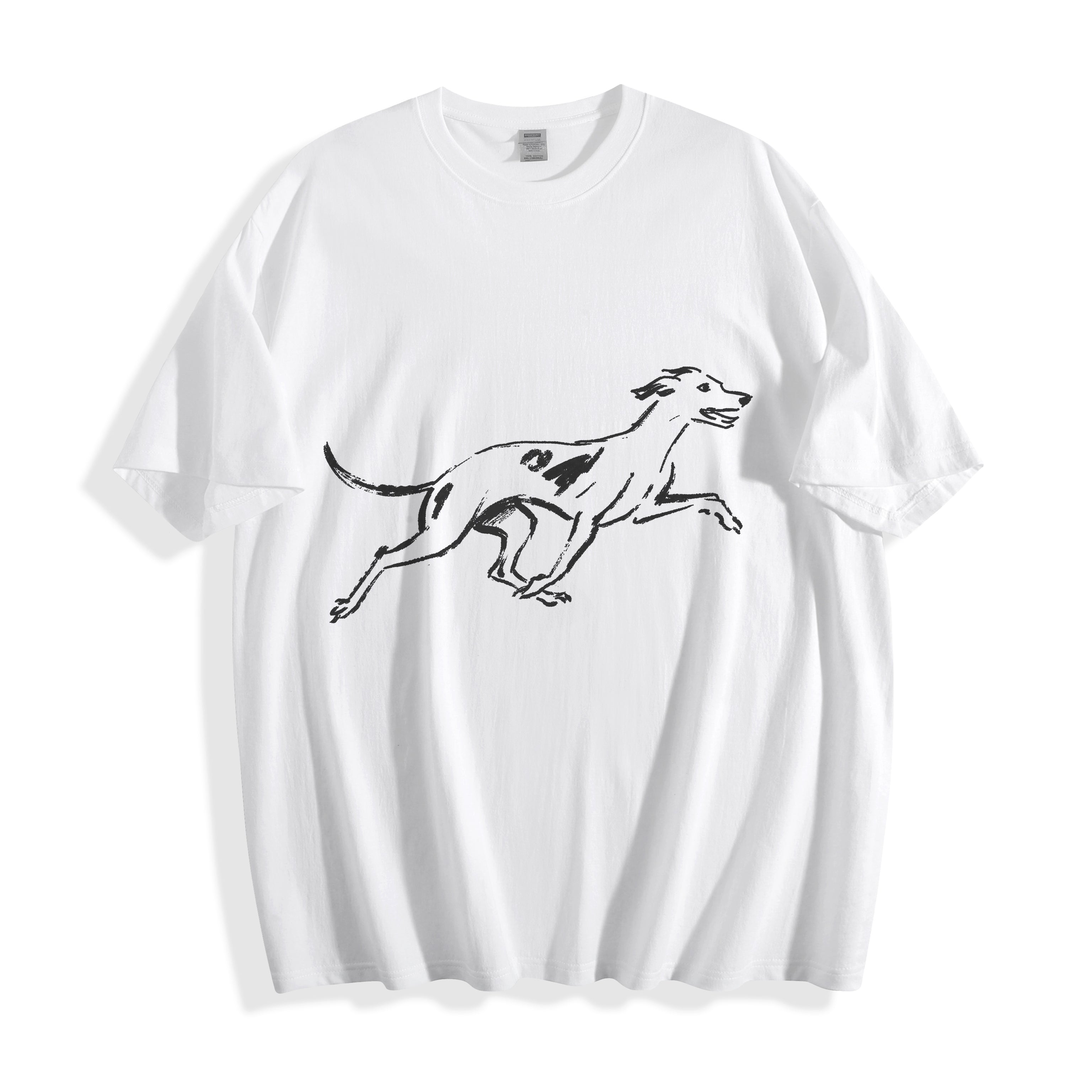 A white short-sleeve crewneck t-shirt featuring a black line art graphic of a running dog on the front, displayed against a clean white background.