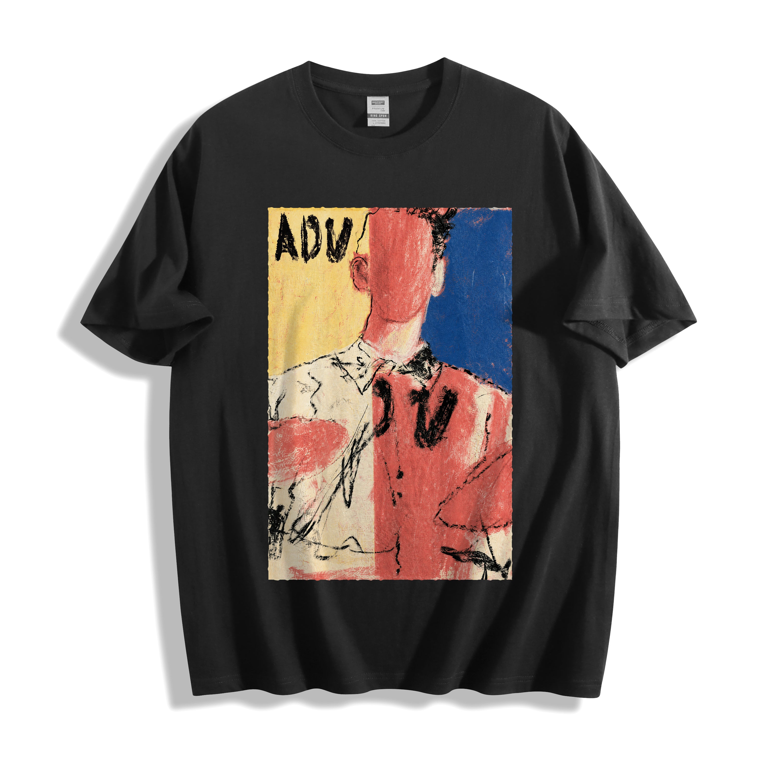 A black short-sleeve crewneck t-shirt with a large square graphic print on the front. The graphic features an abstract painting of a man's face and upper body in red, blue, yellow, and white, with the text 'ADV' visible.