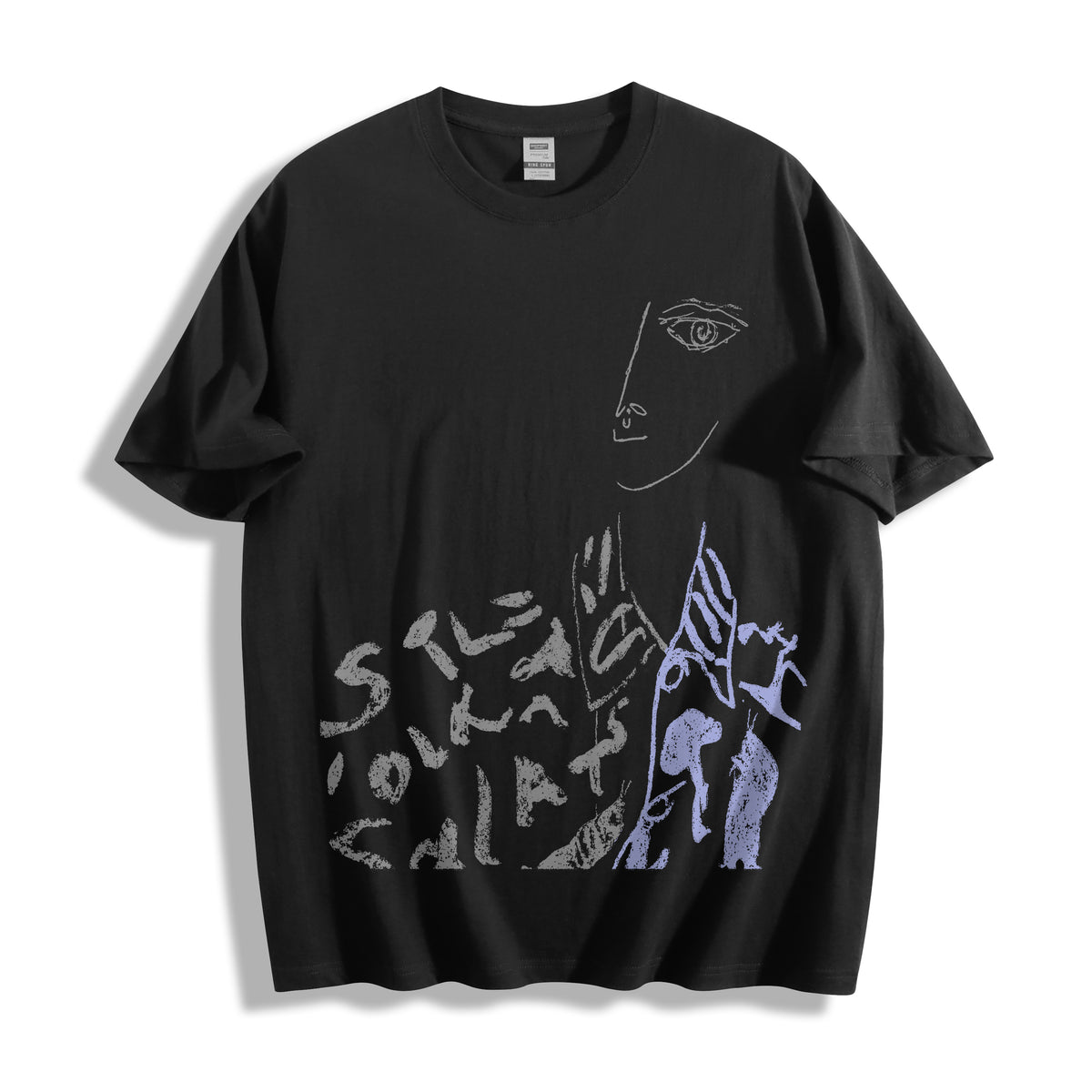 A flat lay of a black abstract one-eye face line art graphic tee, featuring the inverse high-contrast line art form for an edgy minimalist streetwear aesthetic.