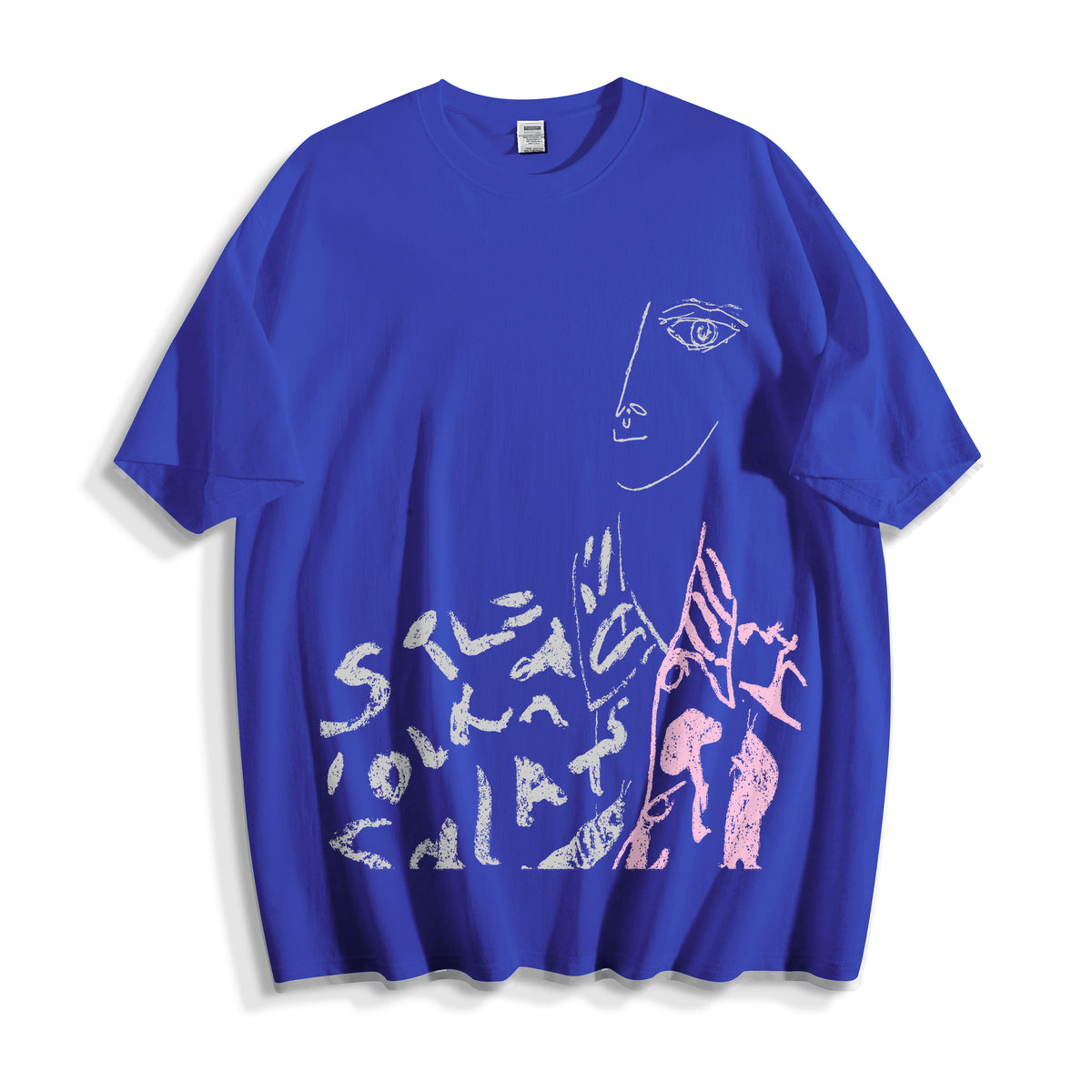A flat lay of a blue abstract one-eye face line art graphic tee, contrasting a vibrant base color with raw, minimal line art graphics.