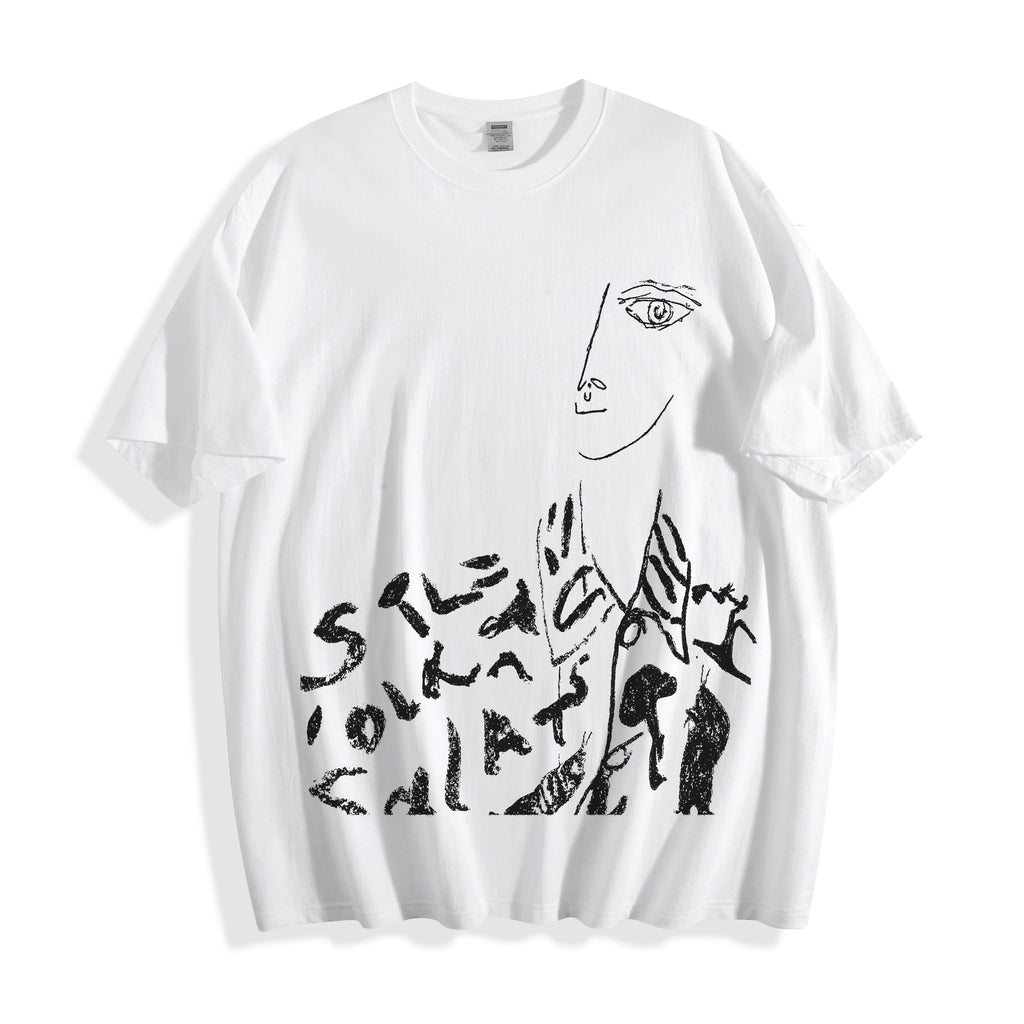 A flat lay of a white abstract one-eye face line art graphic tee, displaying the high-contrast independent manga style pure line art form.