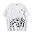 A flat lay of a white abstract one-eye face line art graphic tee, displaying the high-contrast independent manga style pure line art form.