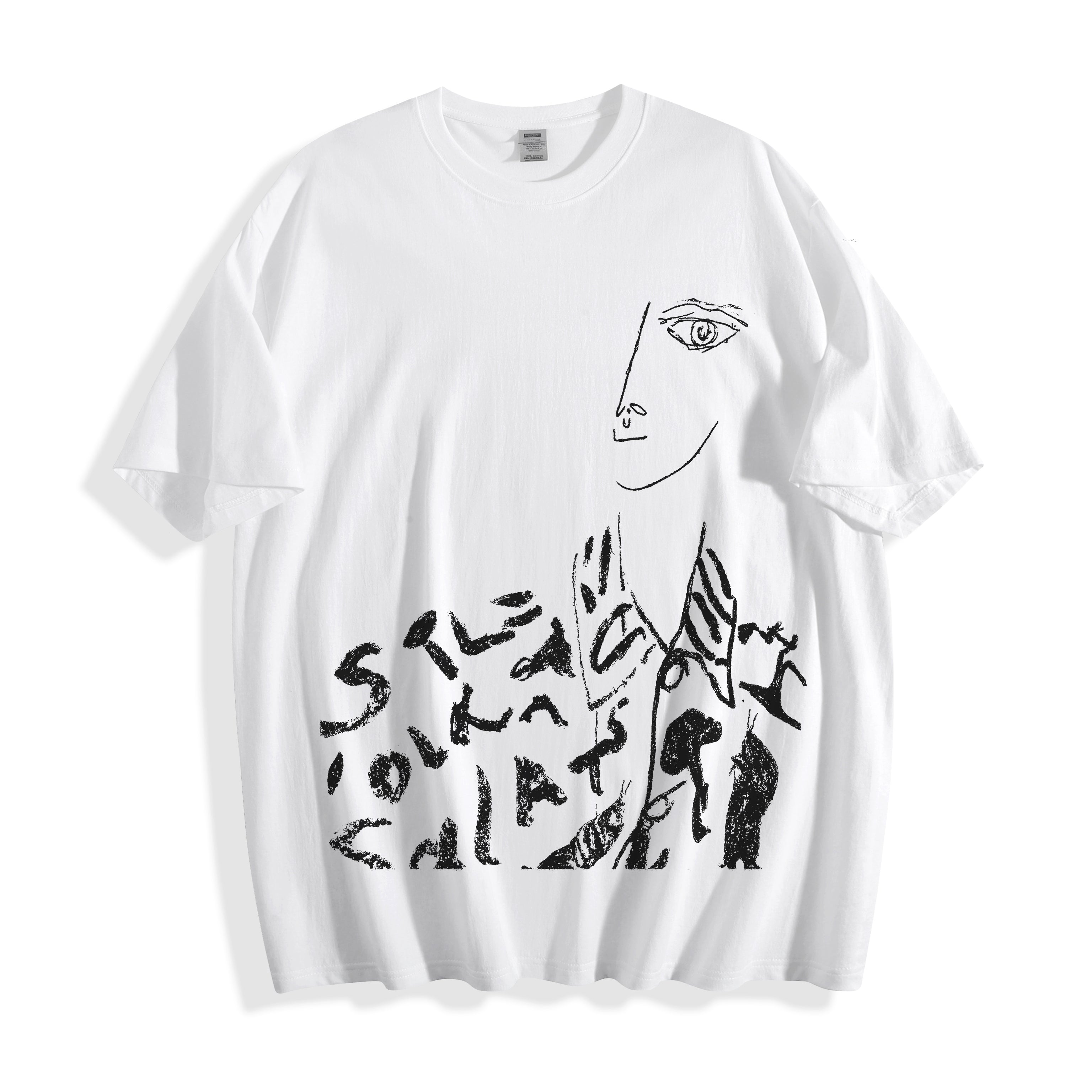 A flat lay of a white abstract one-eye face line art graphic tee, displaying the high-contrast independent manga style pure line art form.