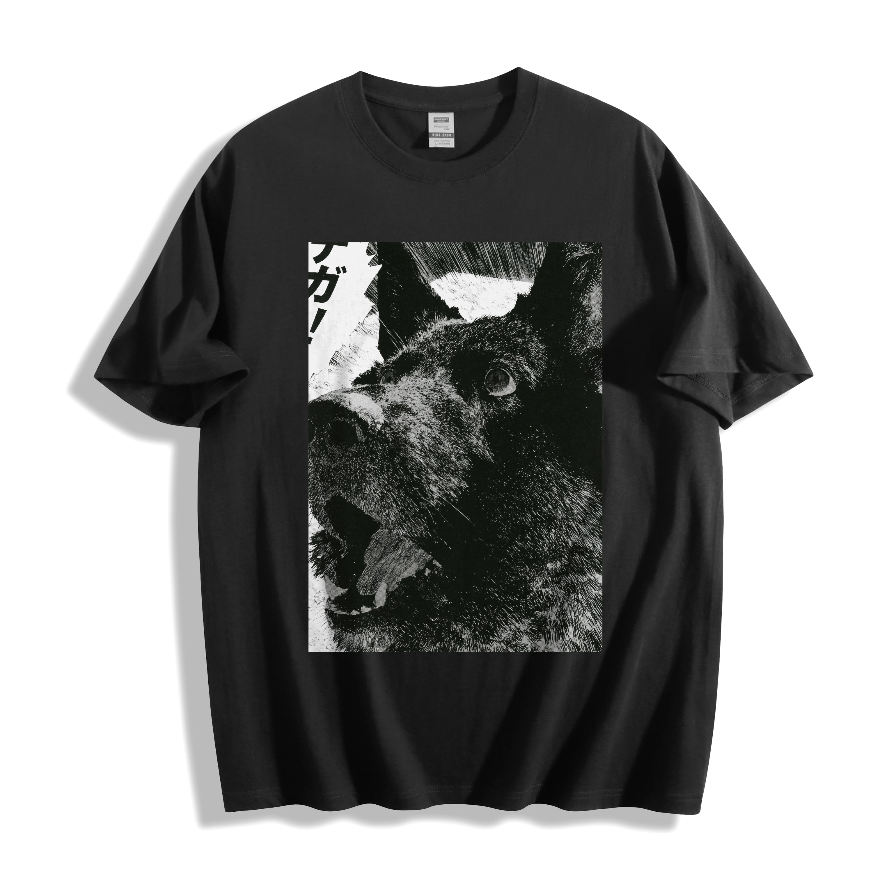 A black short-sleeve crewneck t-shirt featuring a large black and white graphic print of a dog's face on the front, displayed against a clean white background.