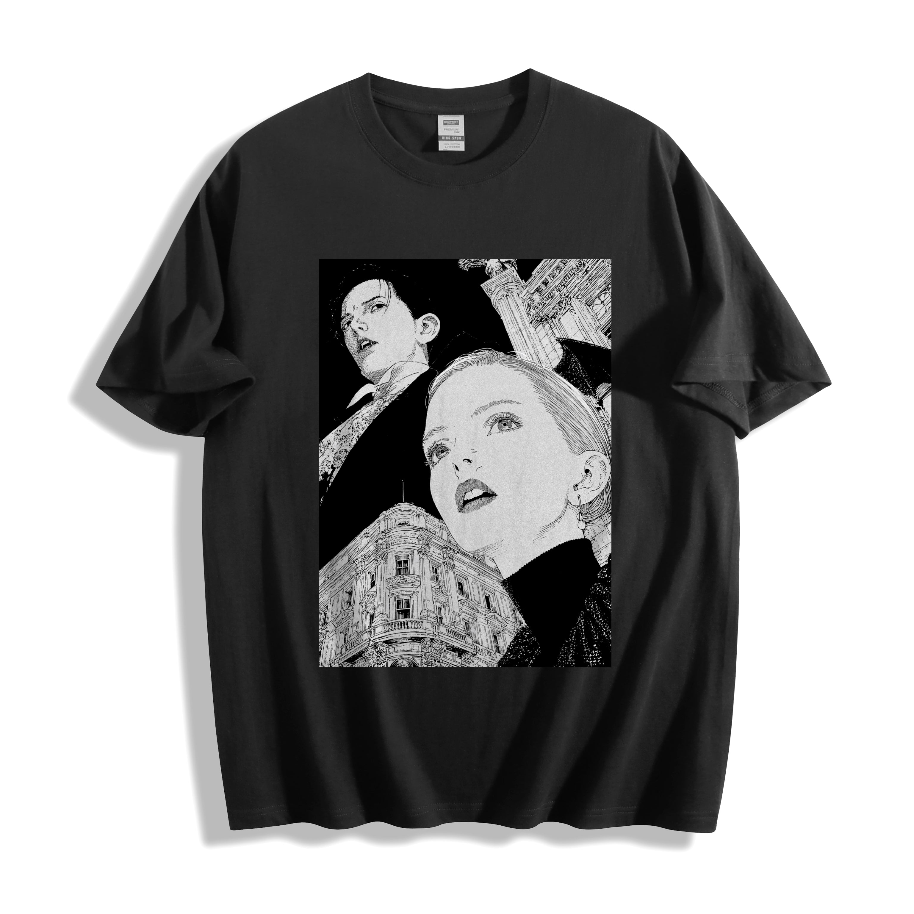 A black short-sleeve crewneck t-shirt with a large black-and-white graphic print on the front, featuring stylized portraits of gothic figures and buildings. The t-shirt is displayed flat against a clean white background with a soft drop shadow.