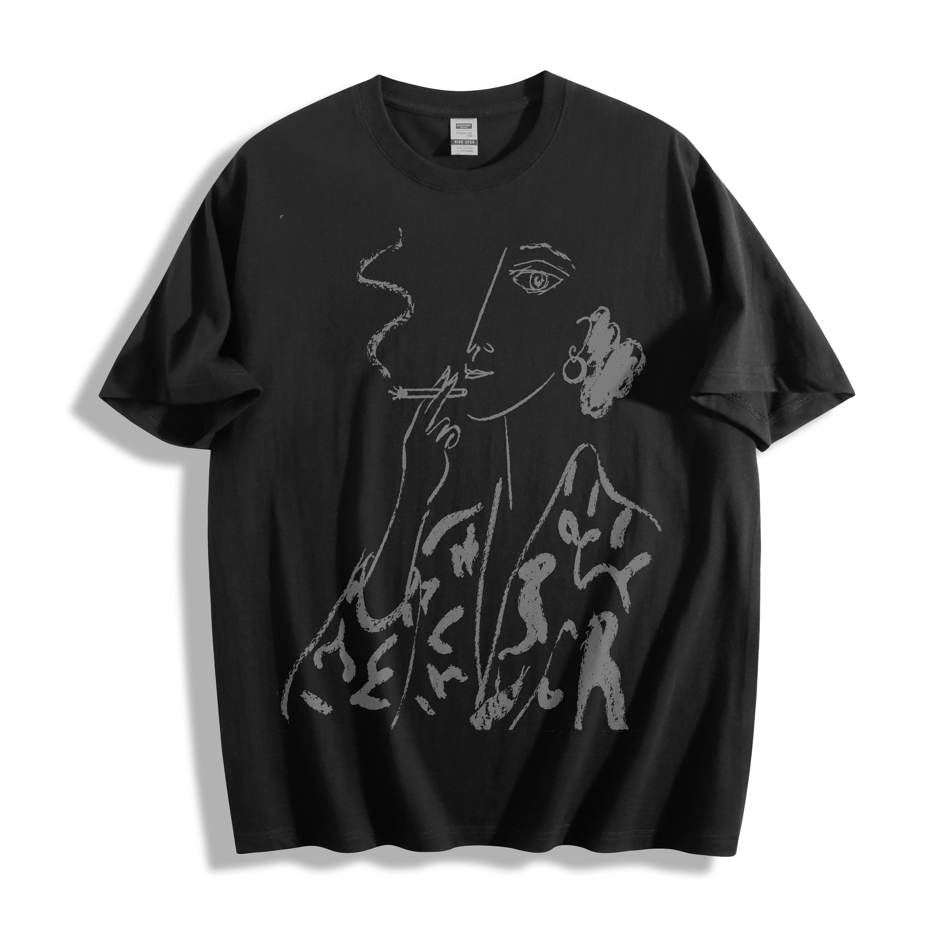 A black short-sleeve crewneck t-shirt with a large white minimalist line art graphic of a smoking figure on the front, displayed flat against a white background.
