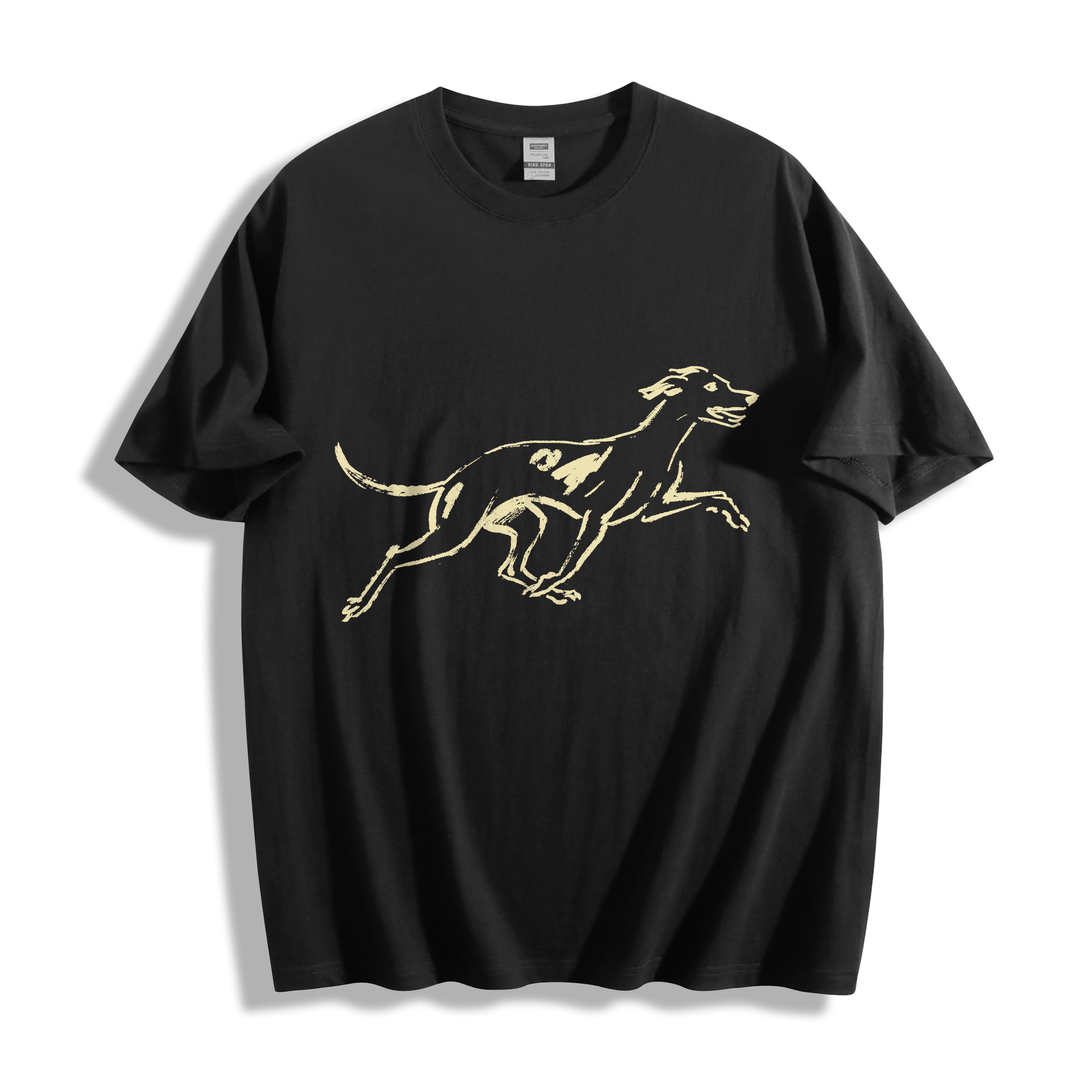 Flat lay product photography of a black oversized t-shirt showcasing a clean line art graphic of a surprised, cute running hound in motion.
