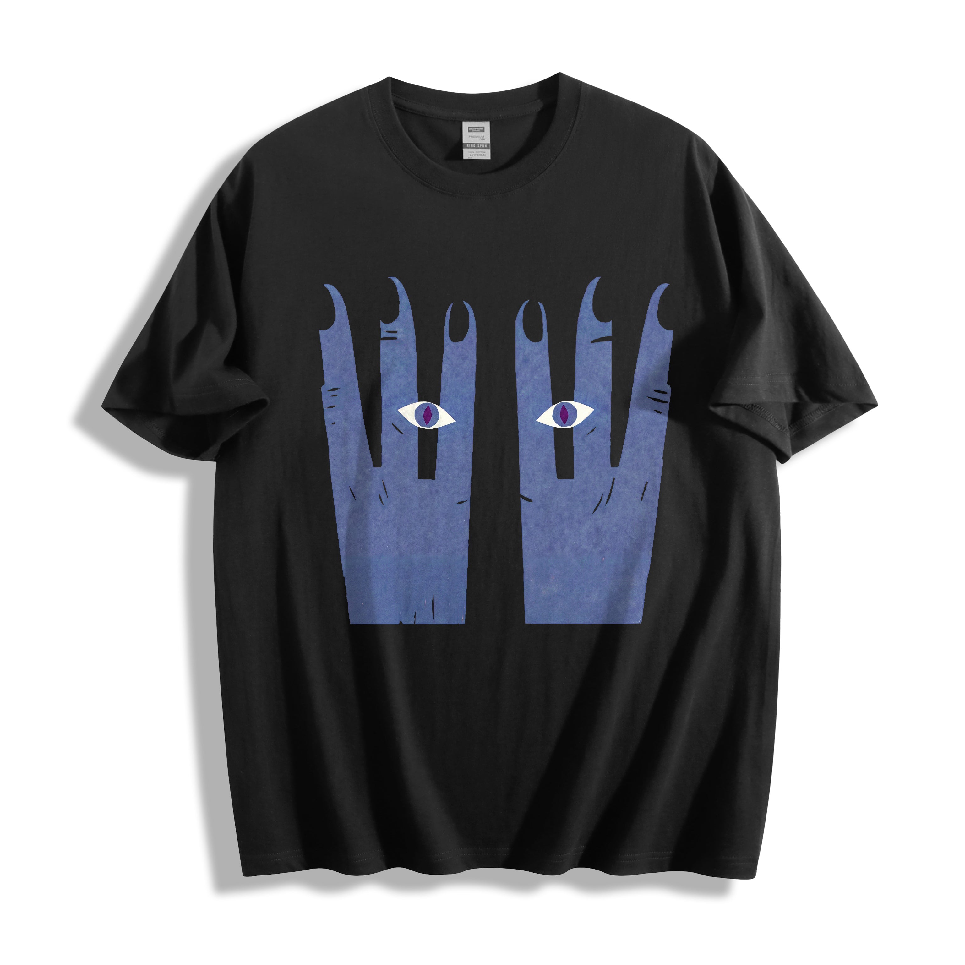 A black short-sleeve t-shirt with a bold surrealgraphic print of two blue hands with eyes on the front, displayed against a clean white background.