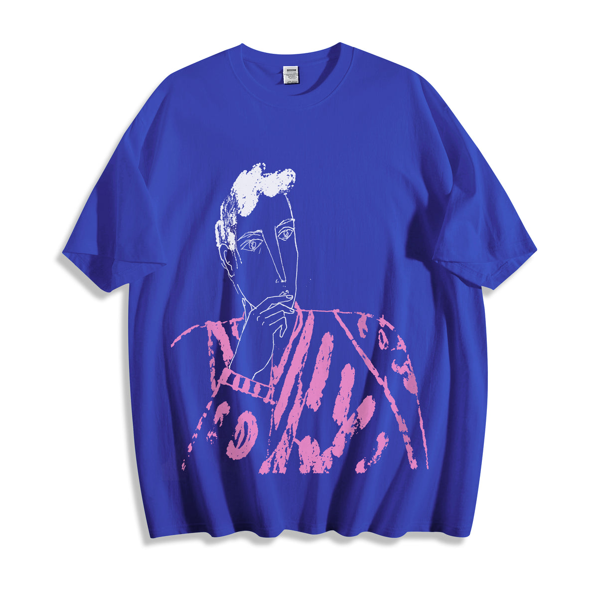 A flat lay of a blue blank stare portrait line art graphic tee, combining a vibrant colorway with edgy minimalist streetwear aesthetics.