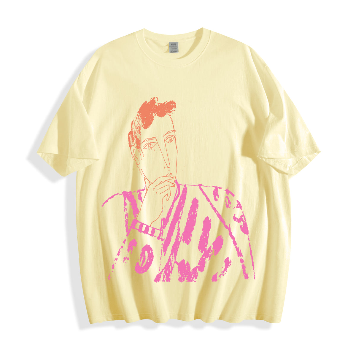A flat lay of a butter yellow blank stare portrait line art graphic tee, blending a soft base color with bold independent manga style ink graphics.