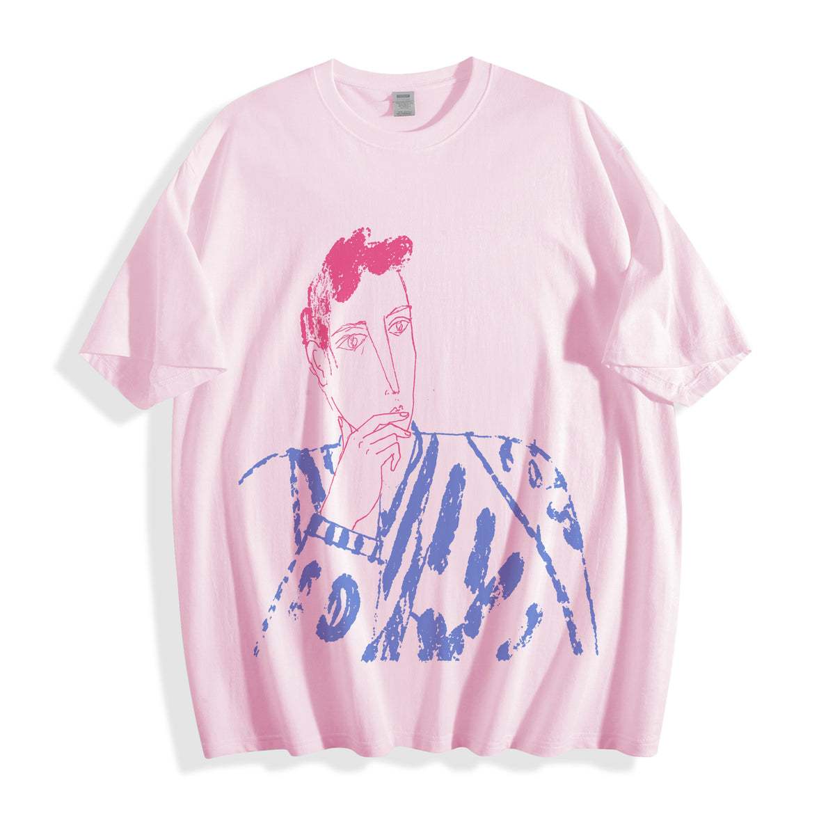 A flat lay of a light pink blank stare portrait line art graphic tee, contrasting soft pastel tones with a striking pure line art form.