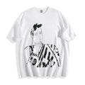 A flat lay of a white blank stare portrait line art graphic tee, displaying the high-contrast heavy stroke ink illustrations.
