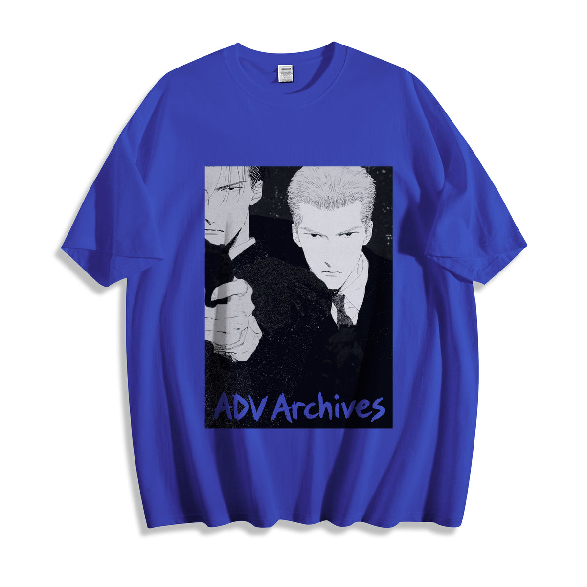 Flat lay product shot of a blue oversized streetwear t-shirt highlighting a cold 90s monochrome Yakuza execution manga illustration.