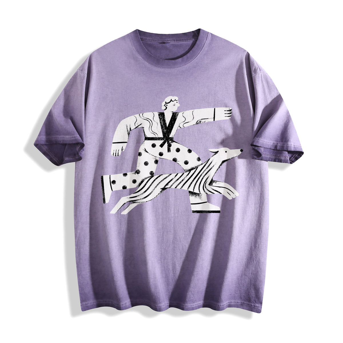 A flat lay of an ombre violet confident stride boy and dog graphic tee, blending a vibrant purple base with an uplifting moving forward graphic.