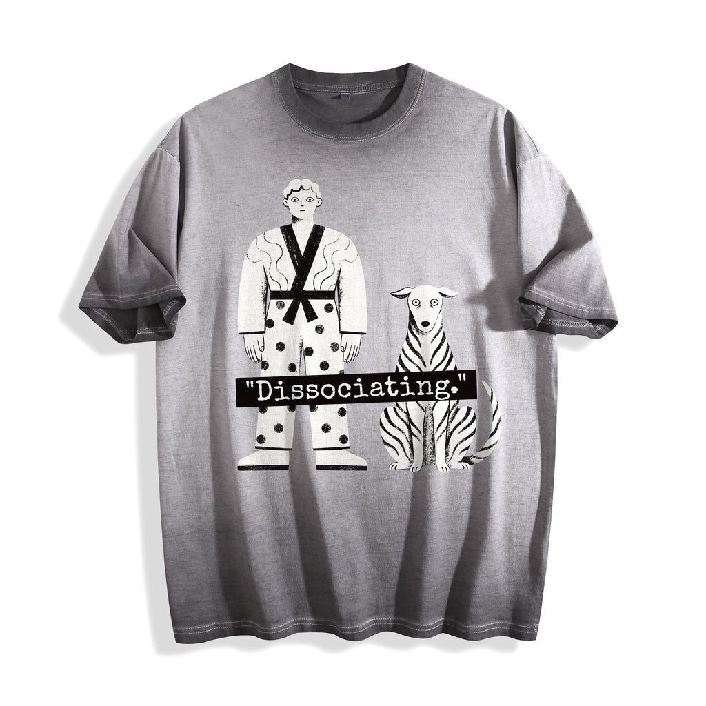 A flat lay of an ombre grey dissociating ironic graphic tee, featuring the sarcastic soul offline text and boy and dog illustration for a relatable Gen Z look.