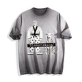 A flat lay of an ombre grey dissociating ironic graphic tee, featuring the sarcastic soul offline text and boy and dog illustration for a relatable Gen Z look.