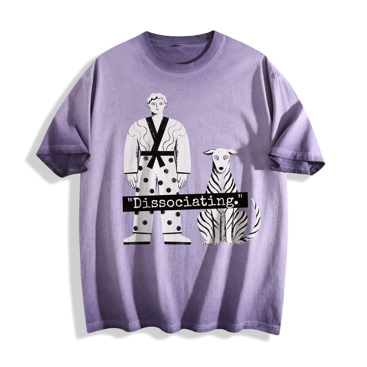 A flat lay of an ombre violet dissociating ironic graphic tee, blending a muted purple base with a striking existential dry humor graphic design.