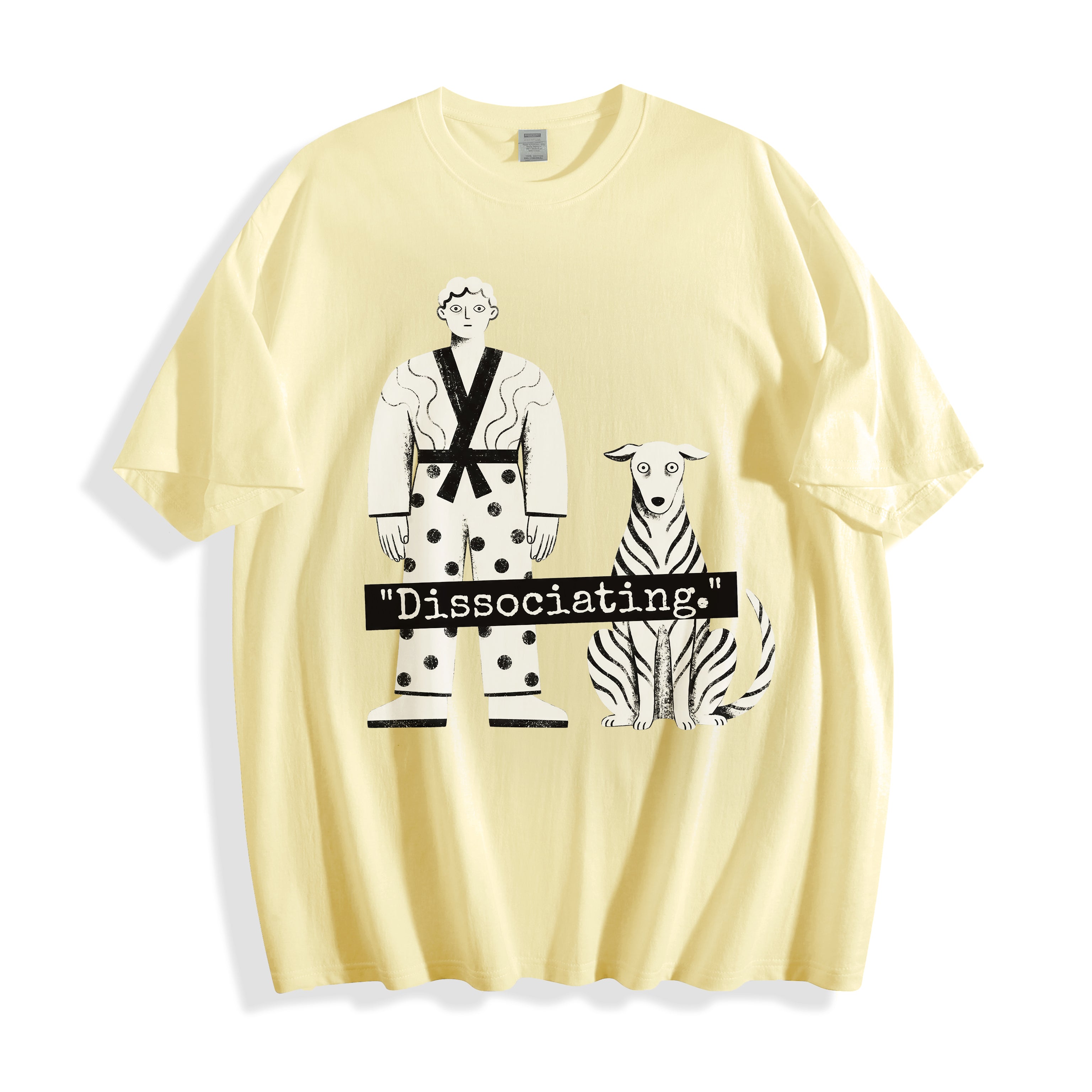 A flat lay of a butter dissociating line art graphic tee, featuring the immaculate posture pure line art print and soul offline Monday morning mood.
