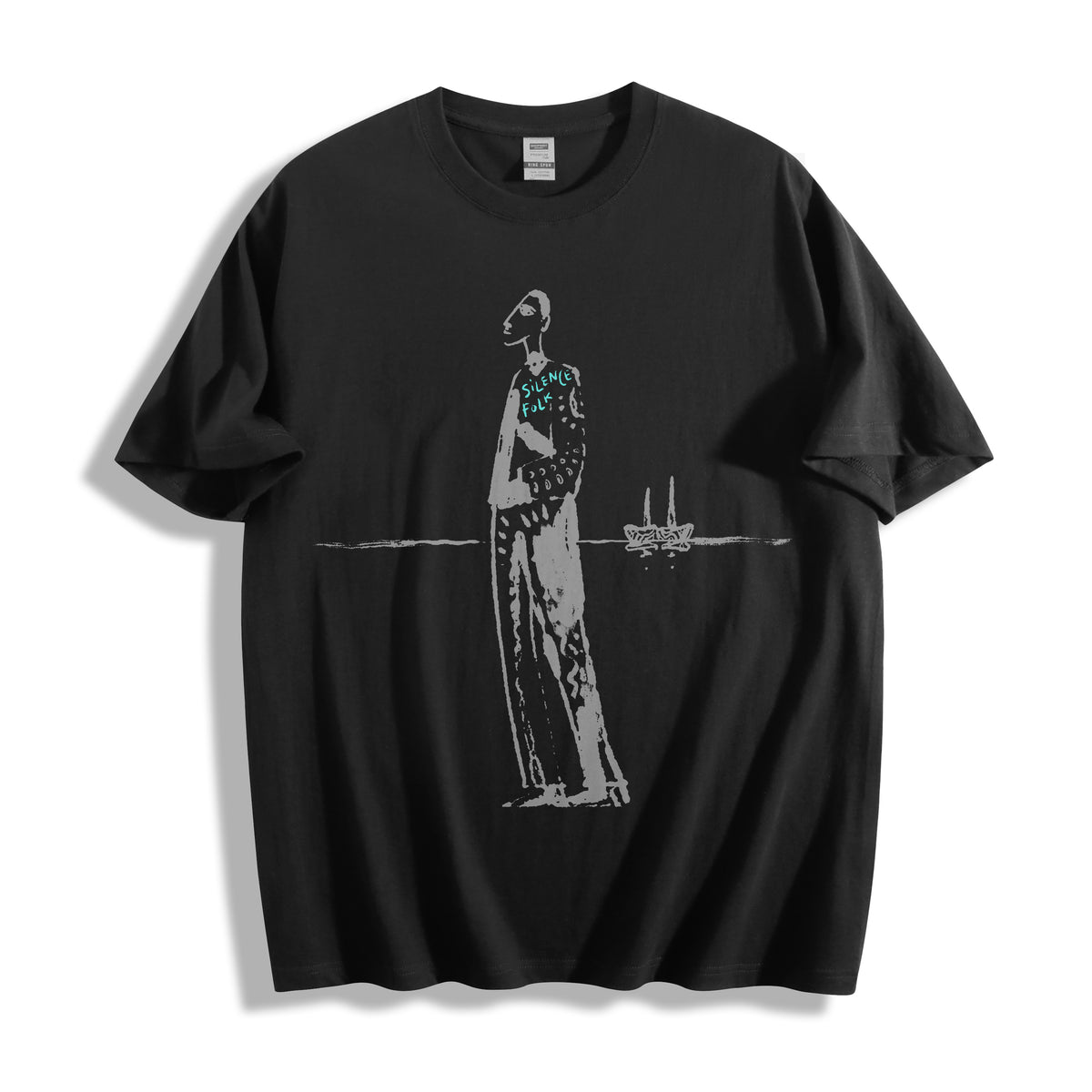 A flat lay of a black mysterious elongated figure line art graphic tee, featuring the inverse high-contrast ink sketch for an edgy minimalist streetwear aesthetic.
