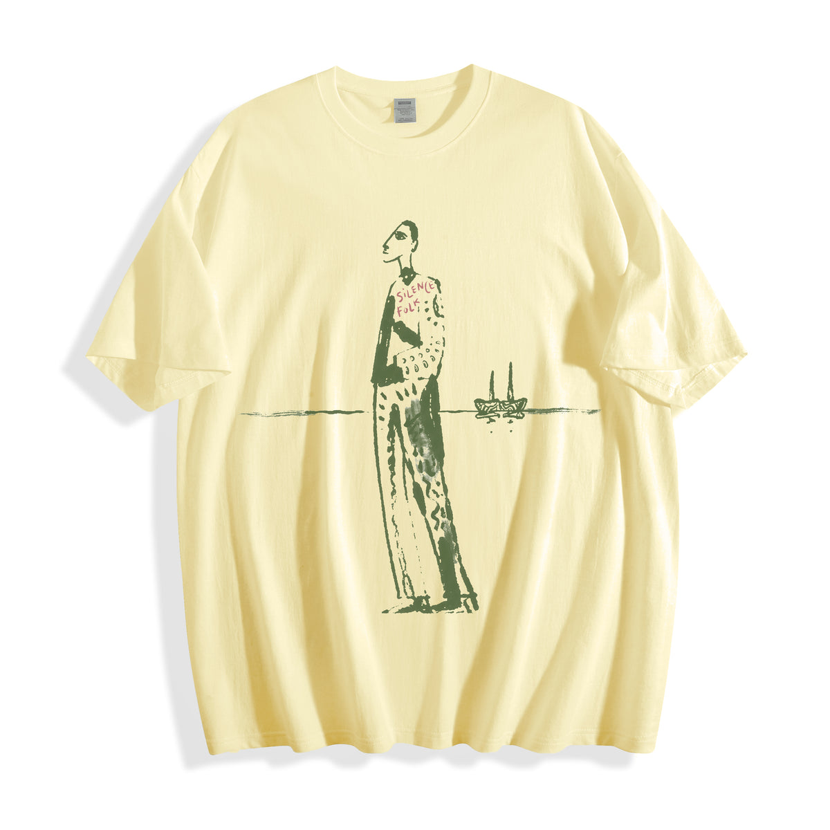 A flat lay of a butter yellow mysterious elongated figure line art graphic tee, contrasting a warm base color with the striking pure line art form.