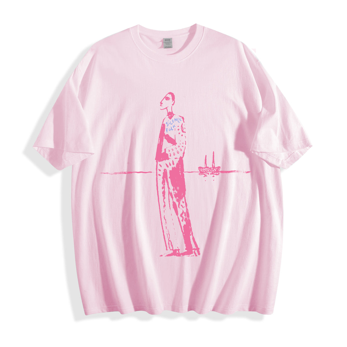 A flat lay of a light pink mysterious elongated figure line art graphic tee, blending soft pastel tones with minimalist hand-drawn ink graphics.