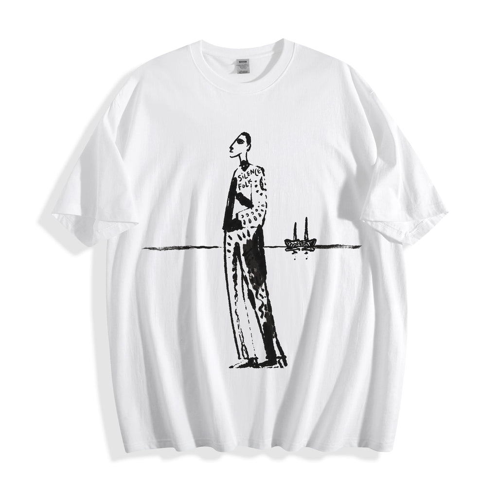 A flat lay of a white mysterious elongated figure line art graphic tee, displaying the high-contrast pure ink sketch illustrations on a crisp background.