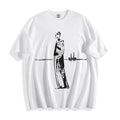A flat lay of a white mysterious elongated figure line art graphic tee, displaying the high-contrast pure ink sketch illustrations on a crisp background.