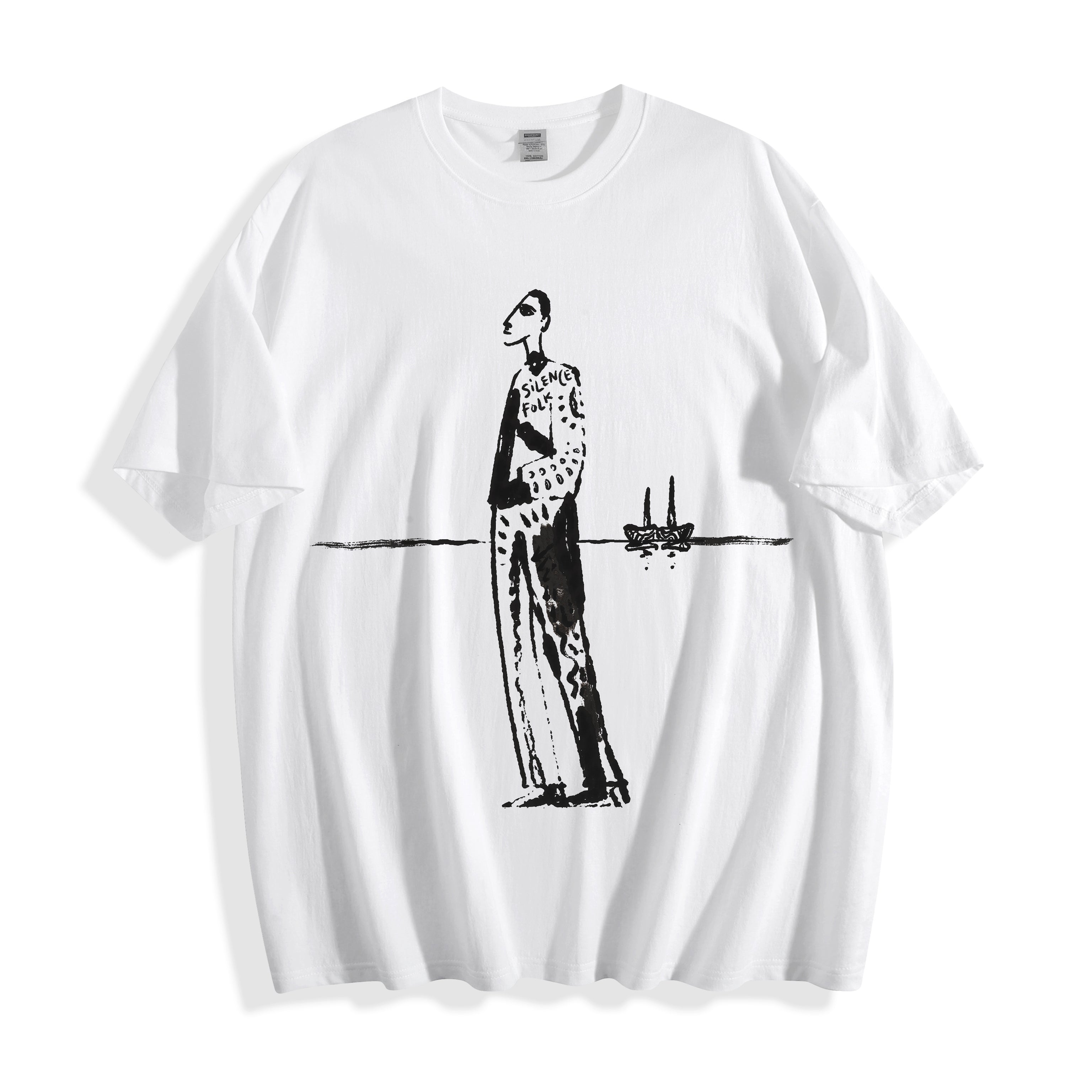 A flat lay of a white mysterious elongated figure line art graphic tee, displaying the high-contrast pure ink sketch illustrations on a crisp background.