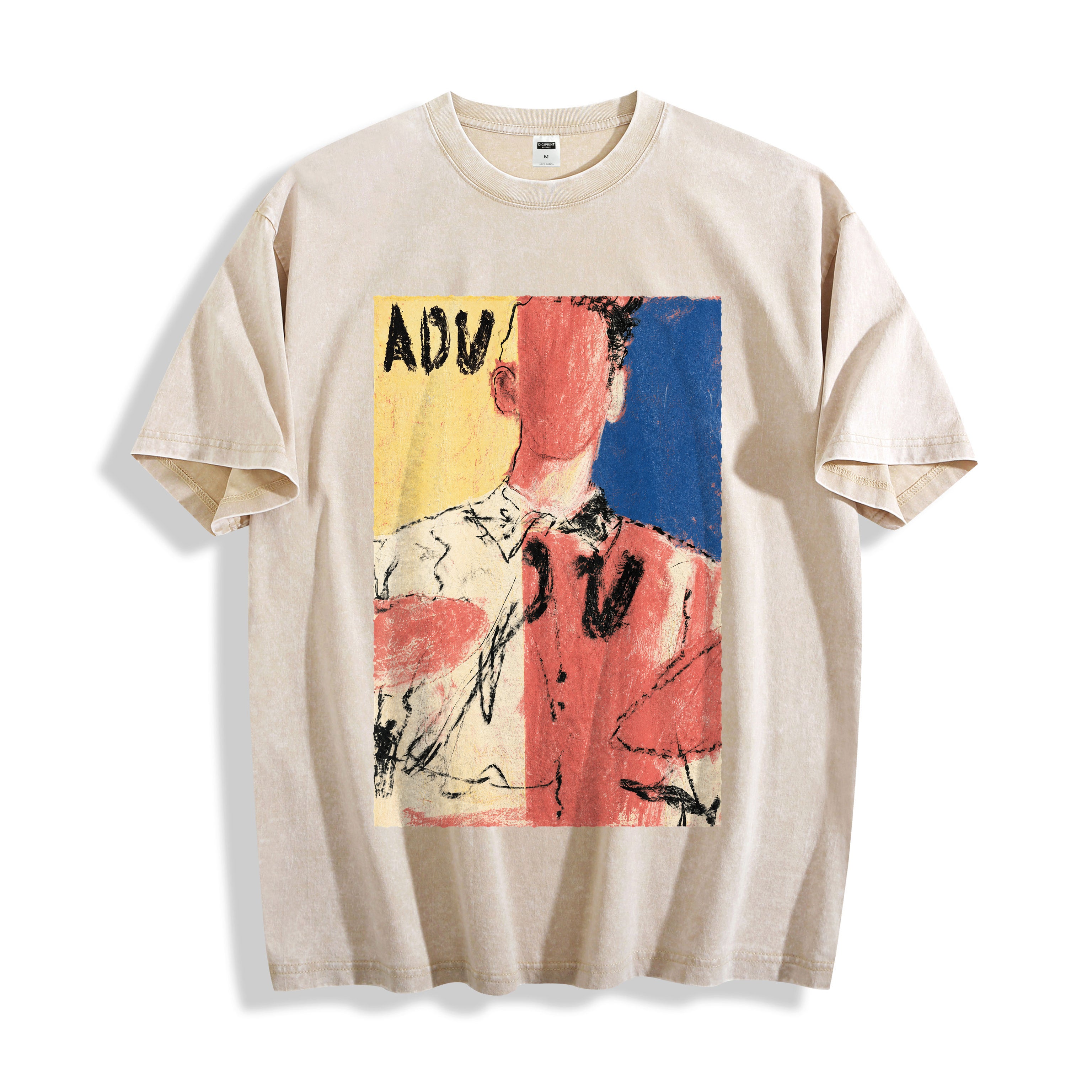 A flat lay of a mineral sand faceless portrait oil pastel graphic tee, contrasting a neutral base with the abstract anonymity graphic print.