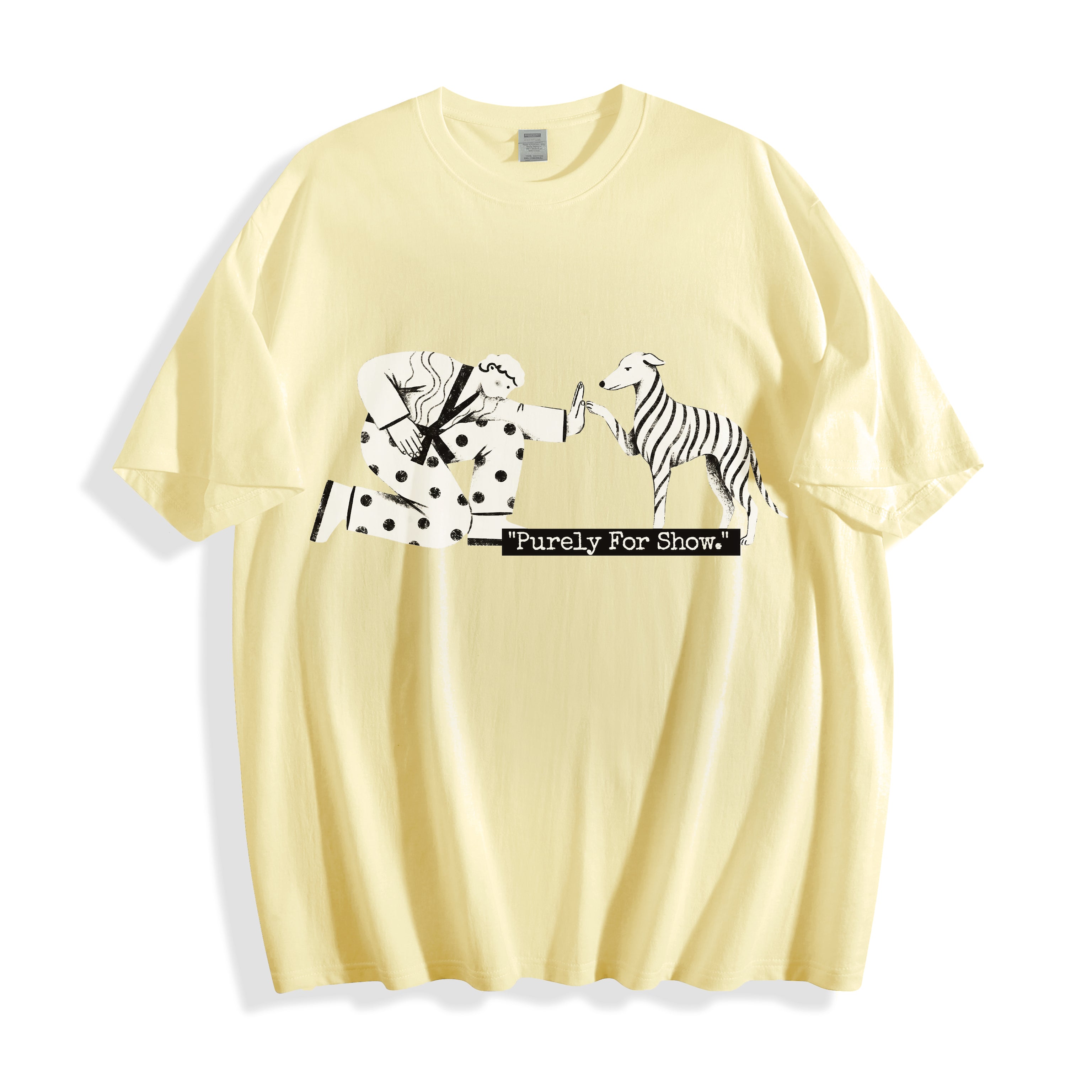A flat lay of a butter yellow handshake gesture line art graphic tee, combining a warm neutral base with the hollow inside purely for show graphic design.
