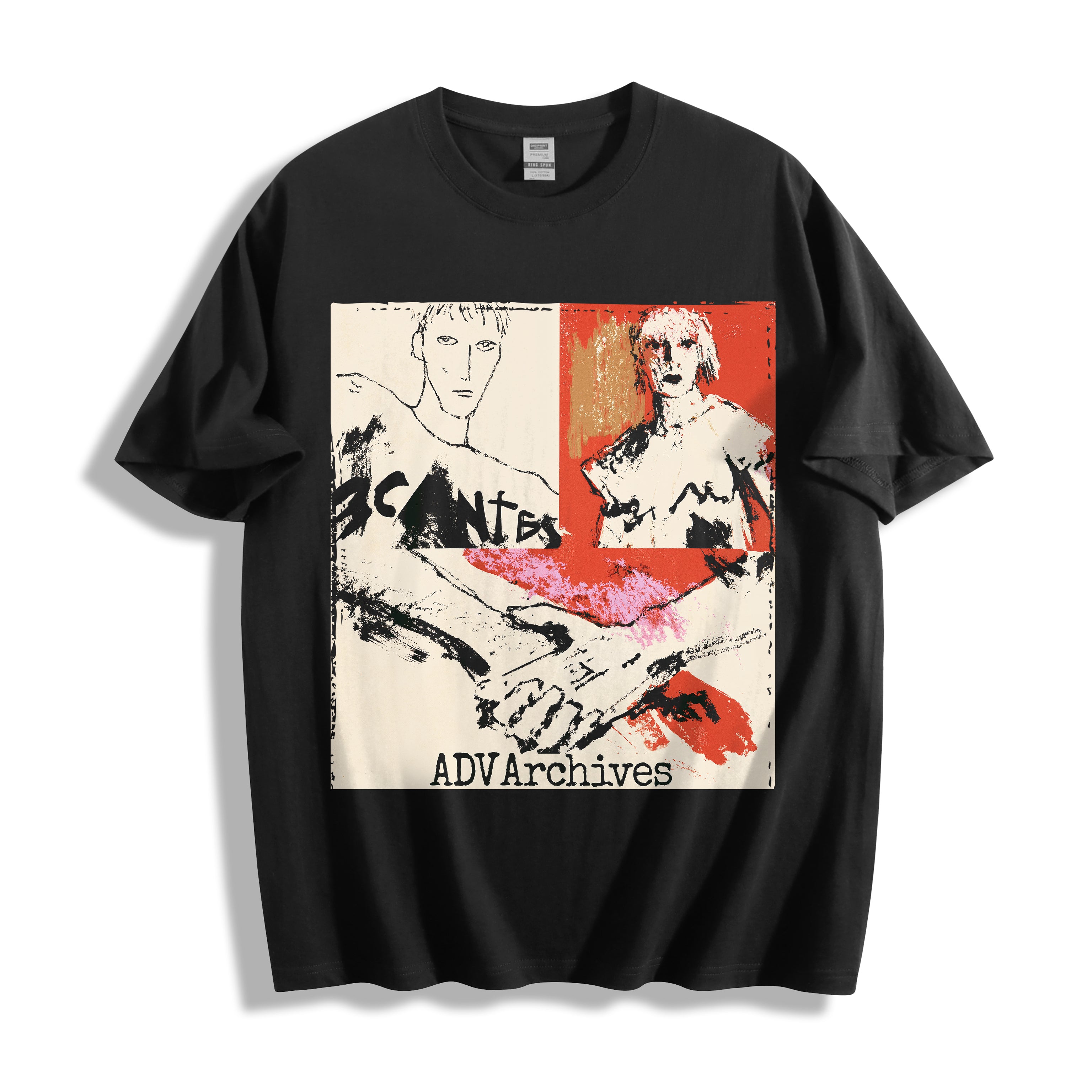 A flat lay of a black handshake portrait mixed media graphic tee, contrasting a dark background with the high-contrast unspoken tension mixed media print.