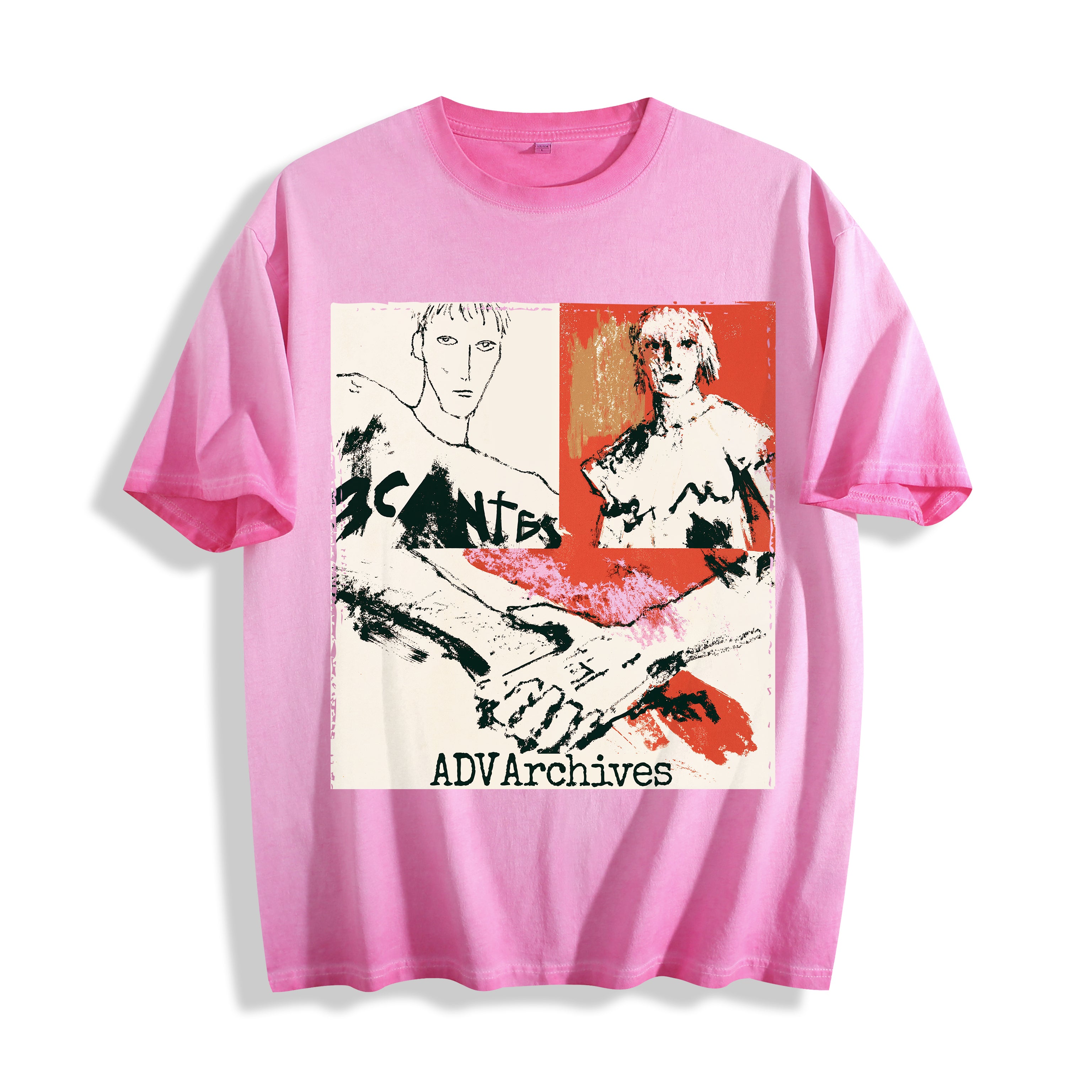 A flat lay of an aura pink handshake portrait mixed media graphic tee, blending a soft pastel tone with a bold visual fragmentation graphic.
