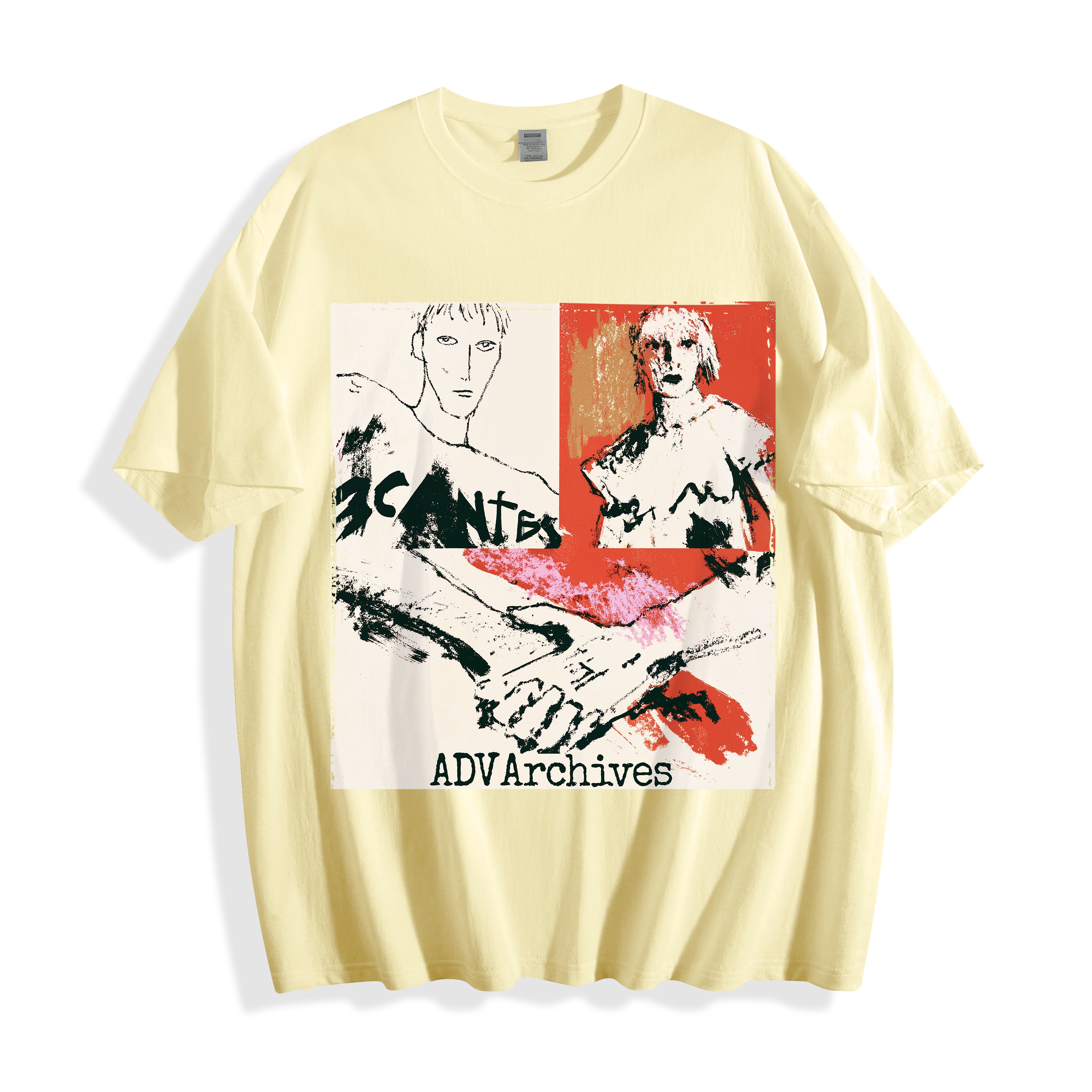 A flat lay of a butter yellow handshake portrait mixed media graphic tee, contrasting a warm base color with unpolished grunge streetwear graphics.