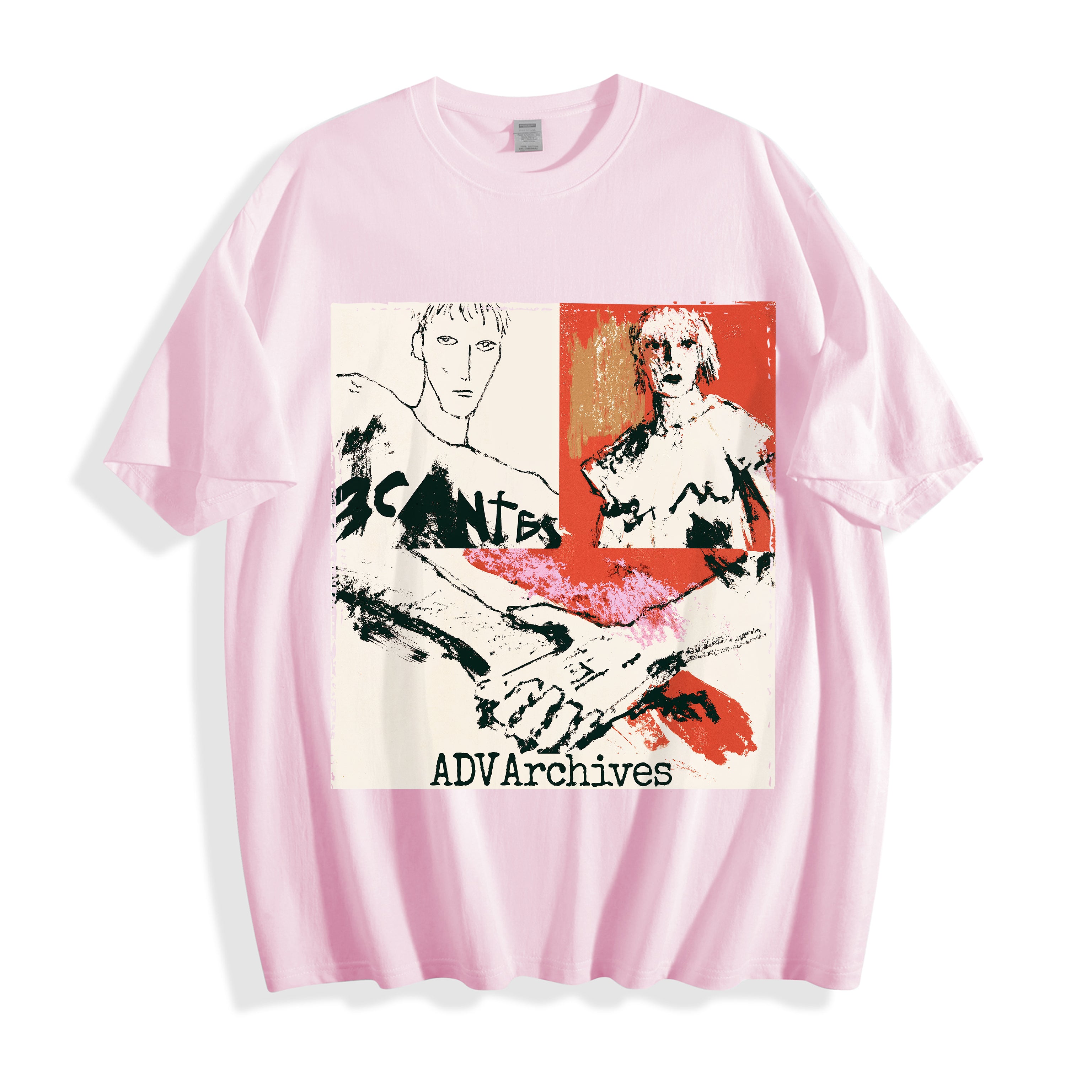 A flat lay of a light pink handshake portrait mixed media graphic tee, blending soft pastel tones with a striking raw artistic mixed media print.