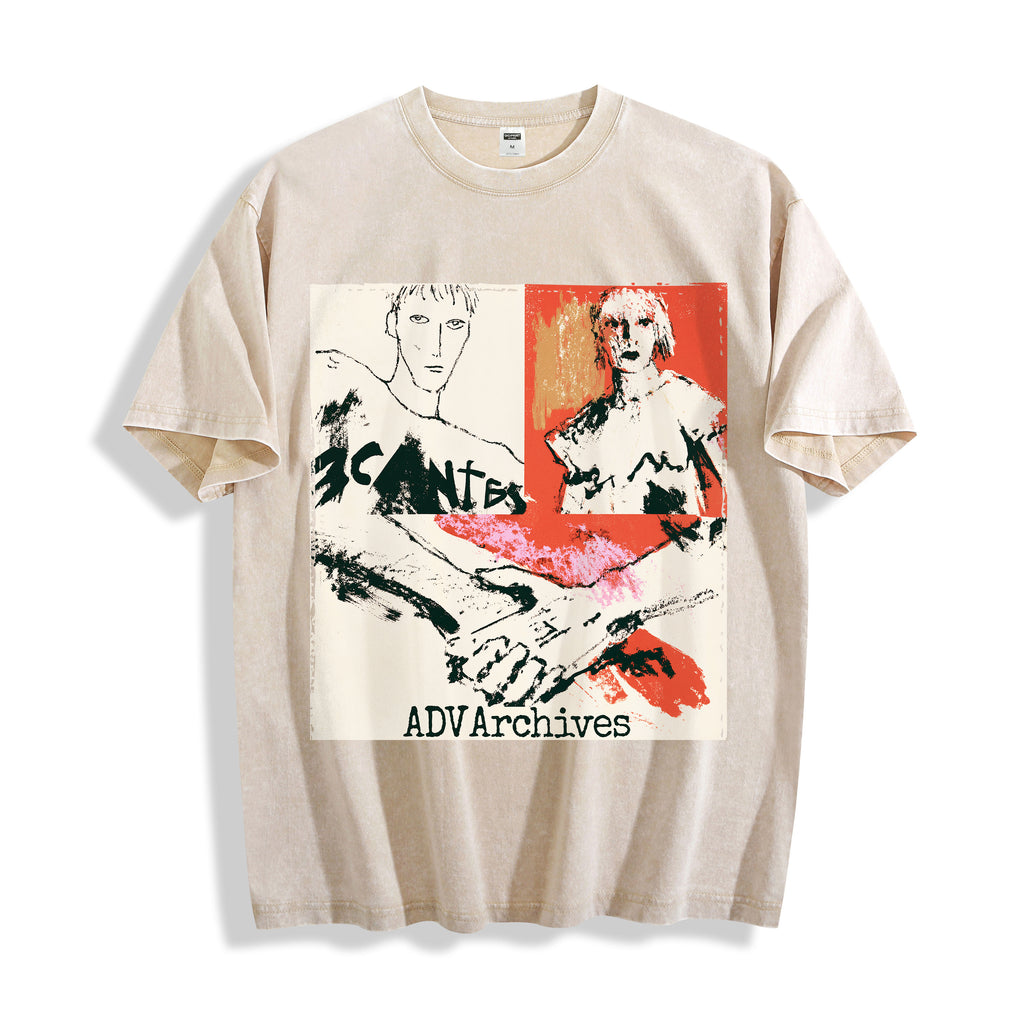 A flat lay of a mineral sand handshake portrait mixed media graphic tee, featuring the unpolished high-contrast sketch and raw art aesthetic.