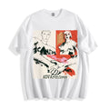 A flat lay of a white handshake portrait mixed media graphic tee, displaying the high-contrast screenprint texture and visual fragmentation on a crisp background.