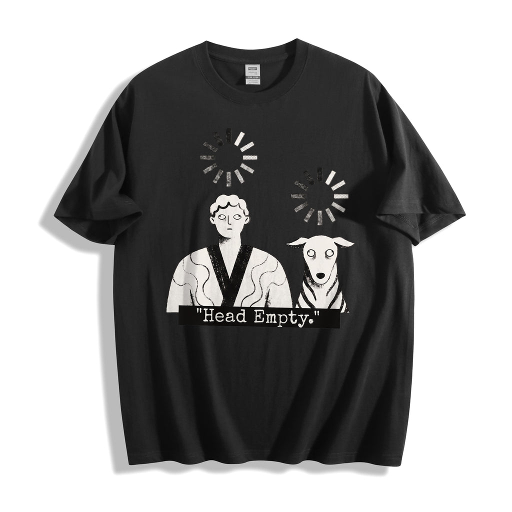 A flat lay of a black head empty buffering icon graphic tee, contrasting a dark base with the existential brain drain graphic.