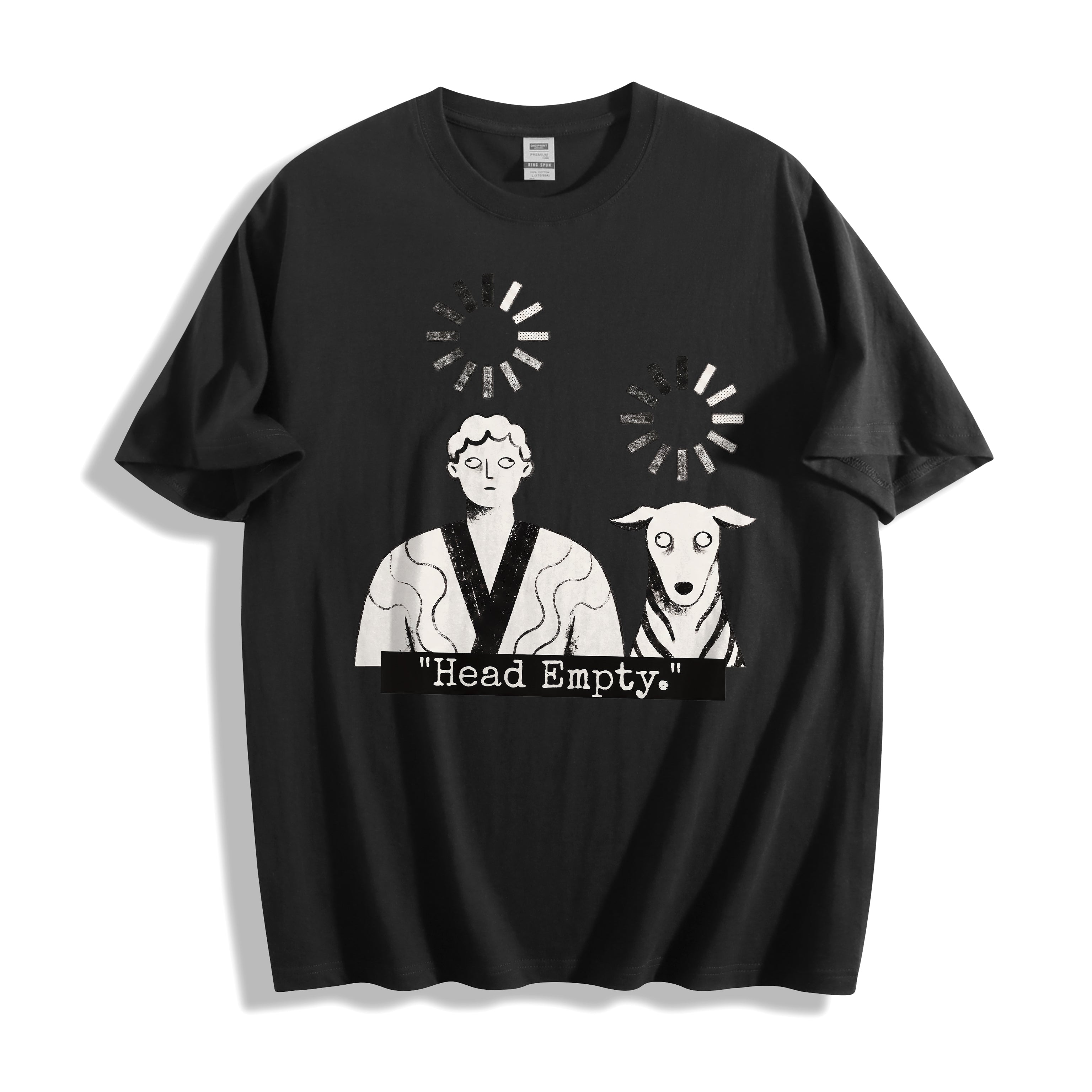 A flat lay of a black head empty buffering icon graphic tee, contrasting a dark base with the existential brain drain graphic.