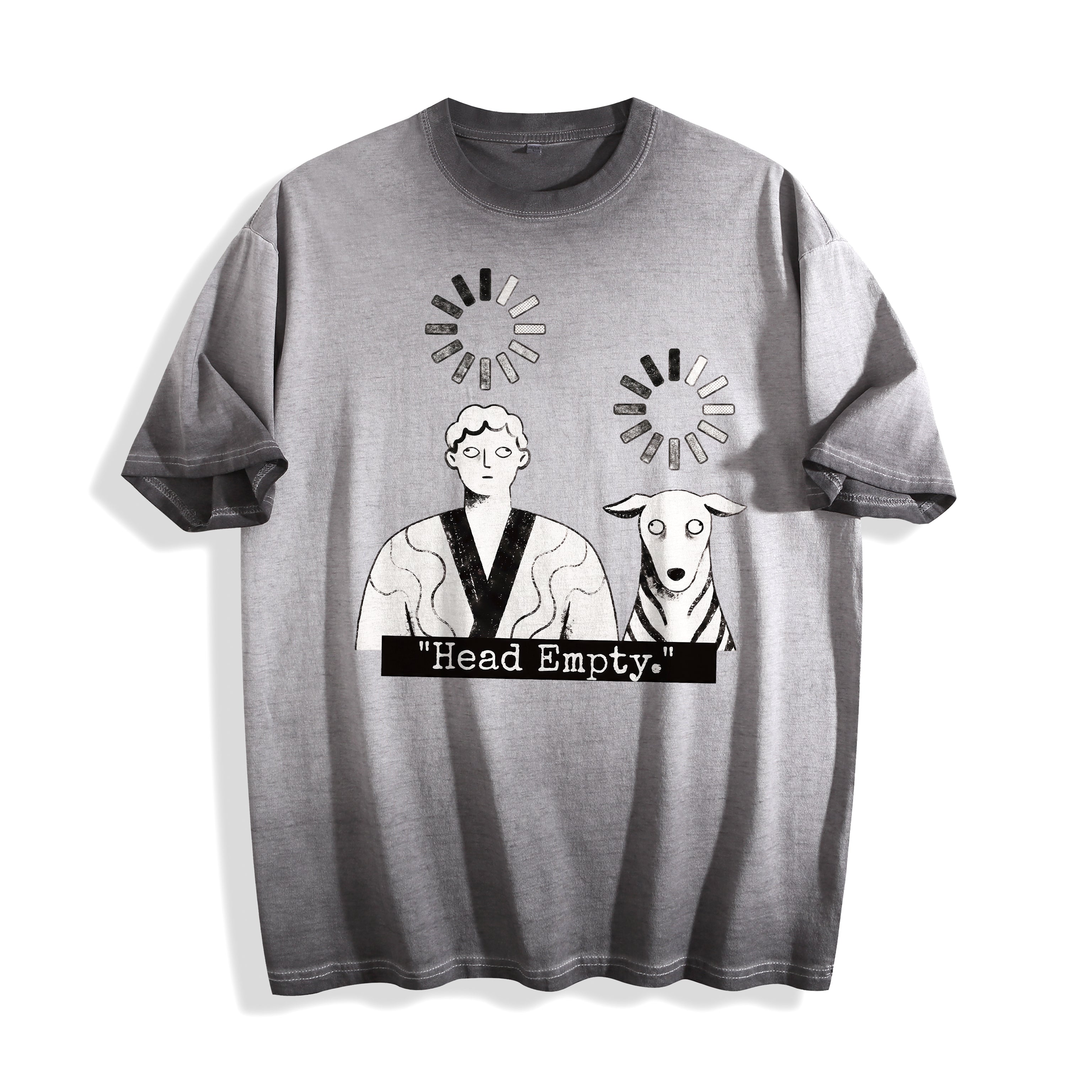 A flat lay of an ombre grey head empty buffering icon graphic tee, featuring a deadpan boy and dog system crash illustration.