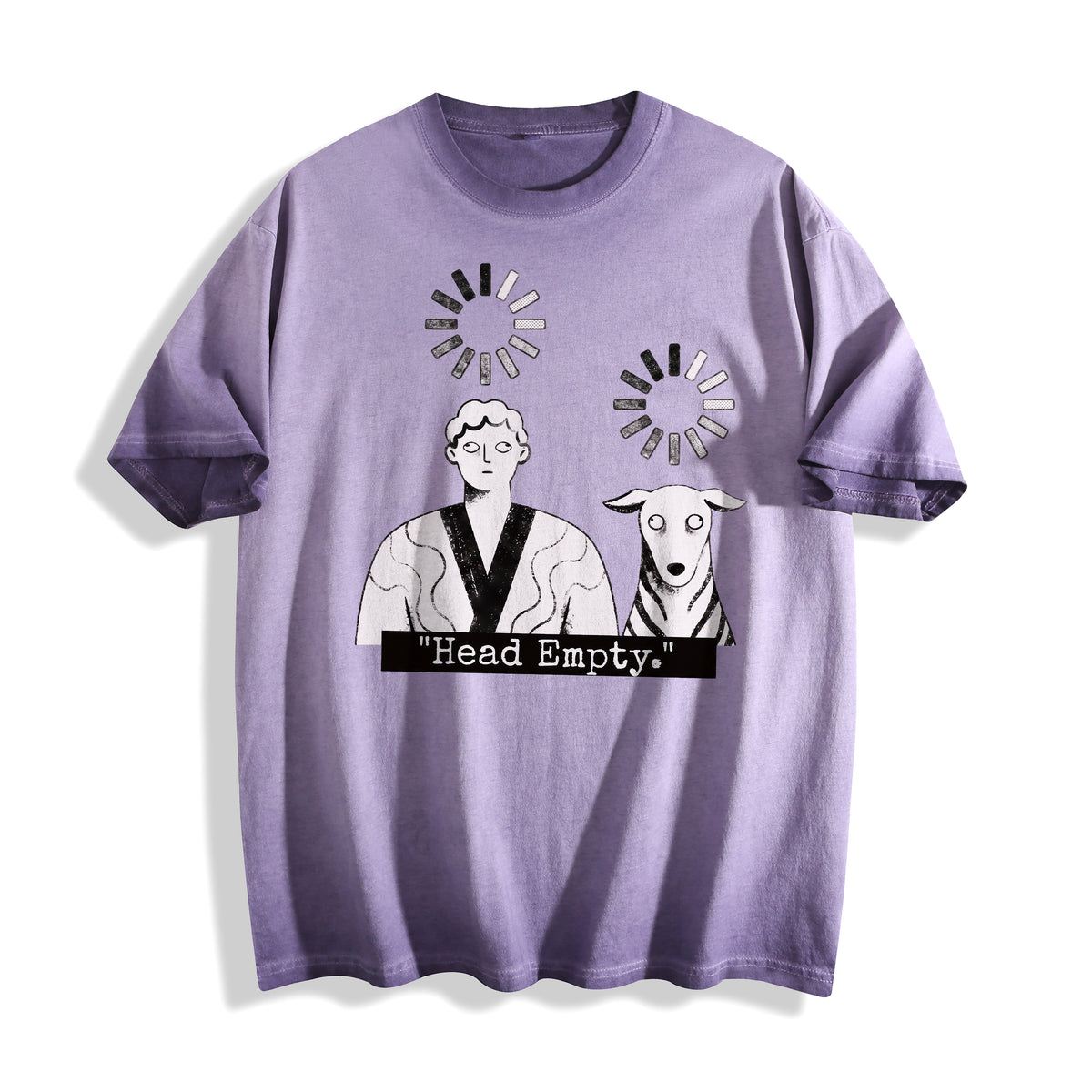 A flat lay of an ombre violet head empty buffering icon graphic tee, blending a muted purple tone with the objective system crash streetwear print.