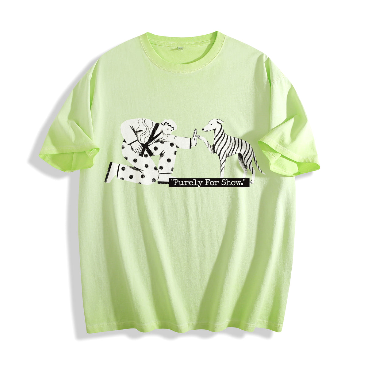 A flat lay of an acid lime ironic high five graphic tee, combining a bright neon colorway with an introvert social exhaustion meme aesthetic.