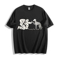 A flat lay of a black ironic high five graphic tee, contrasting a dark base with the quirky going through the motions dry humor design.