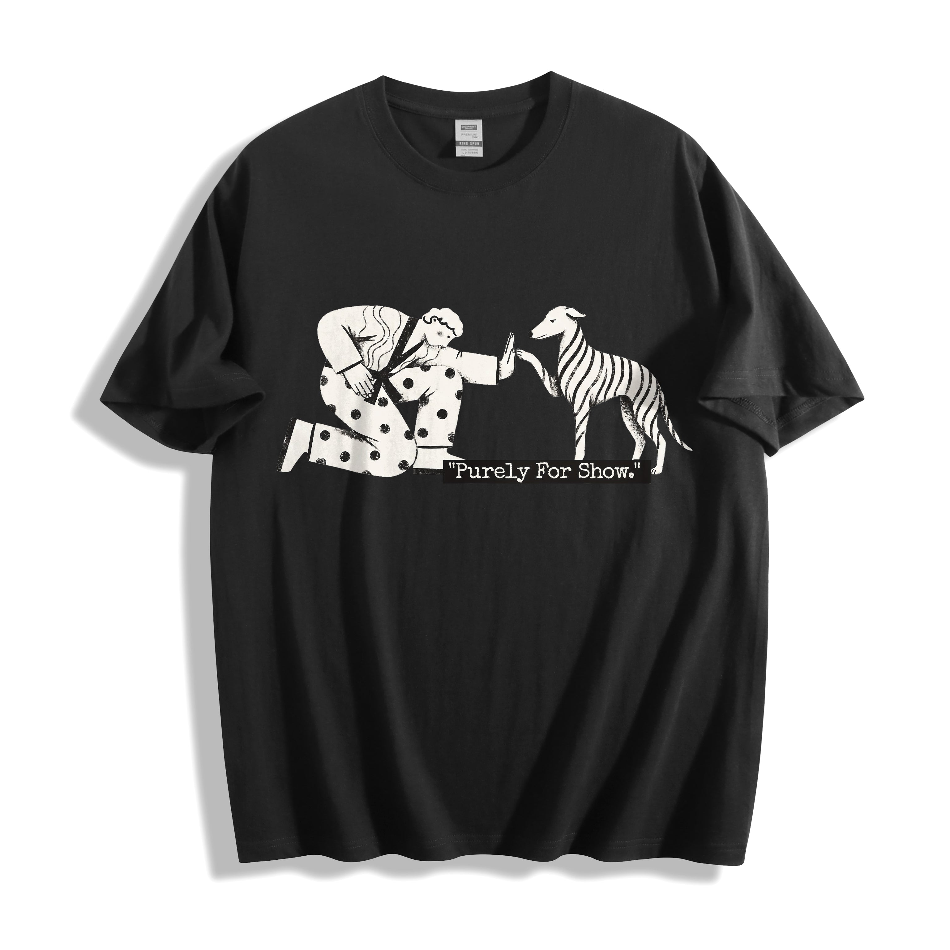 A flat lay of a black ironic high five graphic tee, contrasting a dark base with the quirky going through the motions dry humor design.