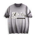 A flat lay of an ombre grey ironic high five graphic tee, featuring a sarcastic boy and dog illustration channeling Gen Z social exhaustion.