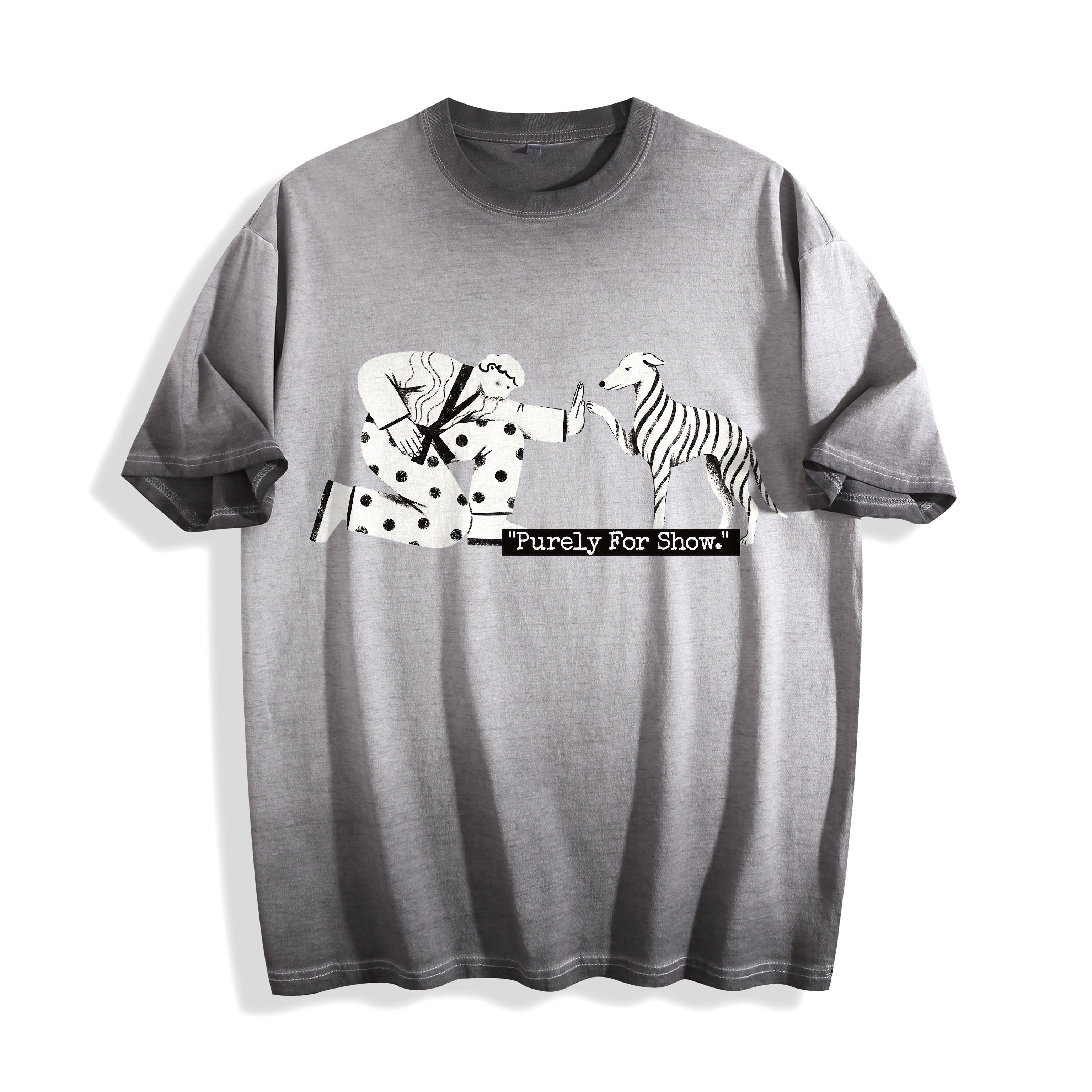 A flat lay of an ombre grey ironic high five graphic tee, featuring a sarcastic boy and dog illustration channeling Gen Z social exhaustion.