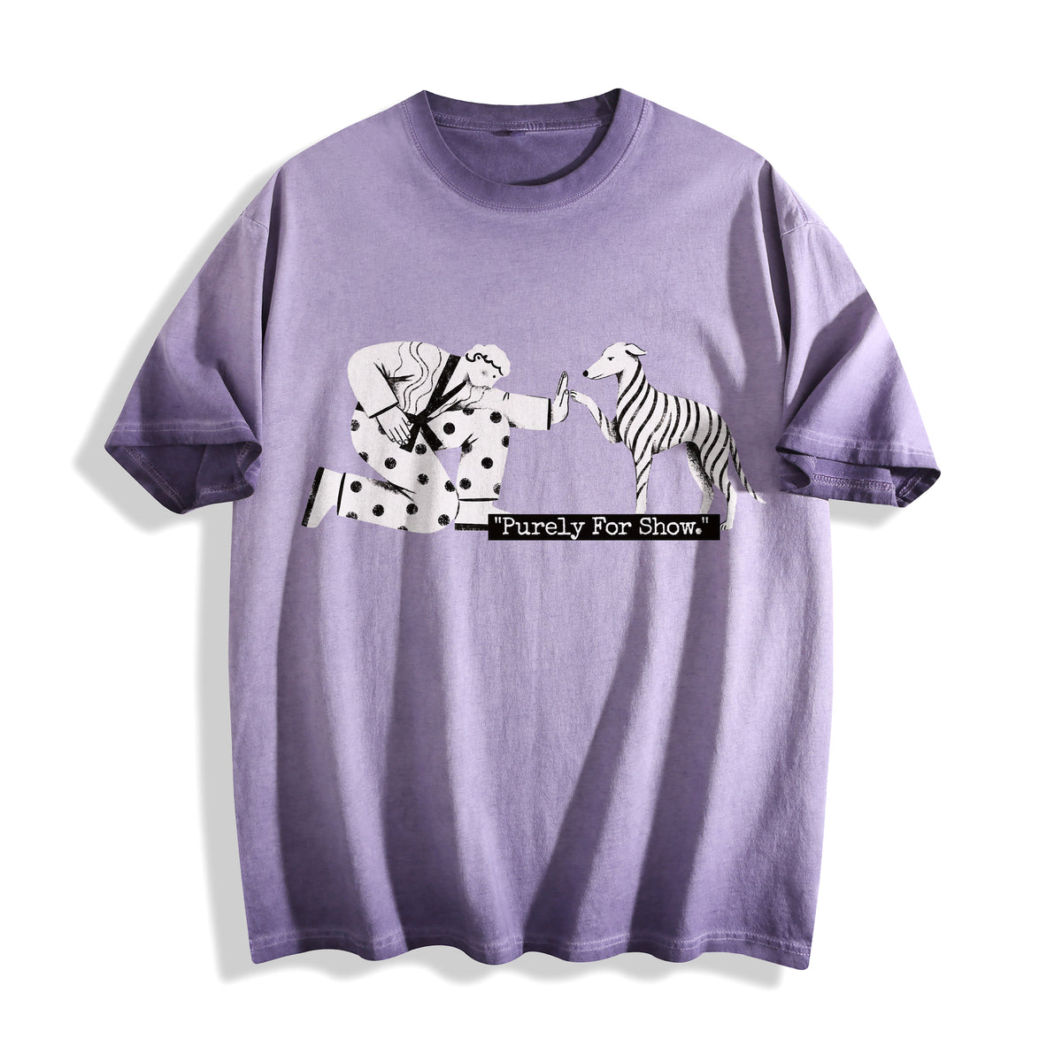 A flat lay of an ombre violet ironic high five graphic tee, blending a muted purple tone with a relatable fake social ritual streetwear graphic.