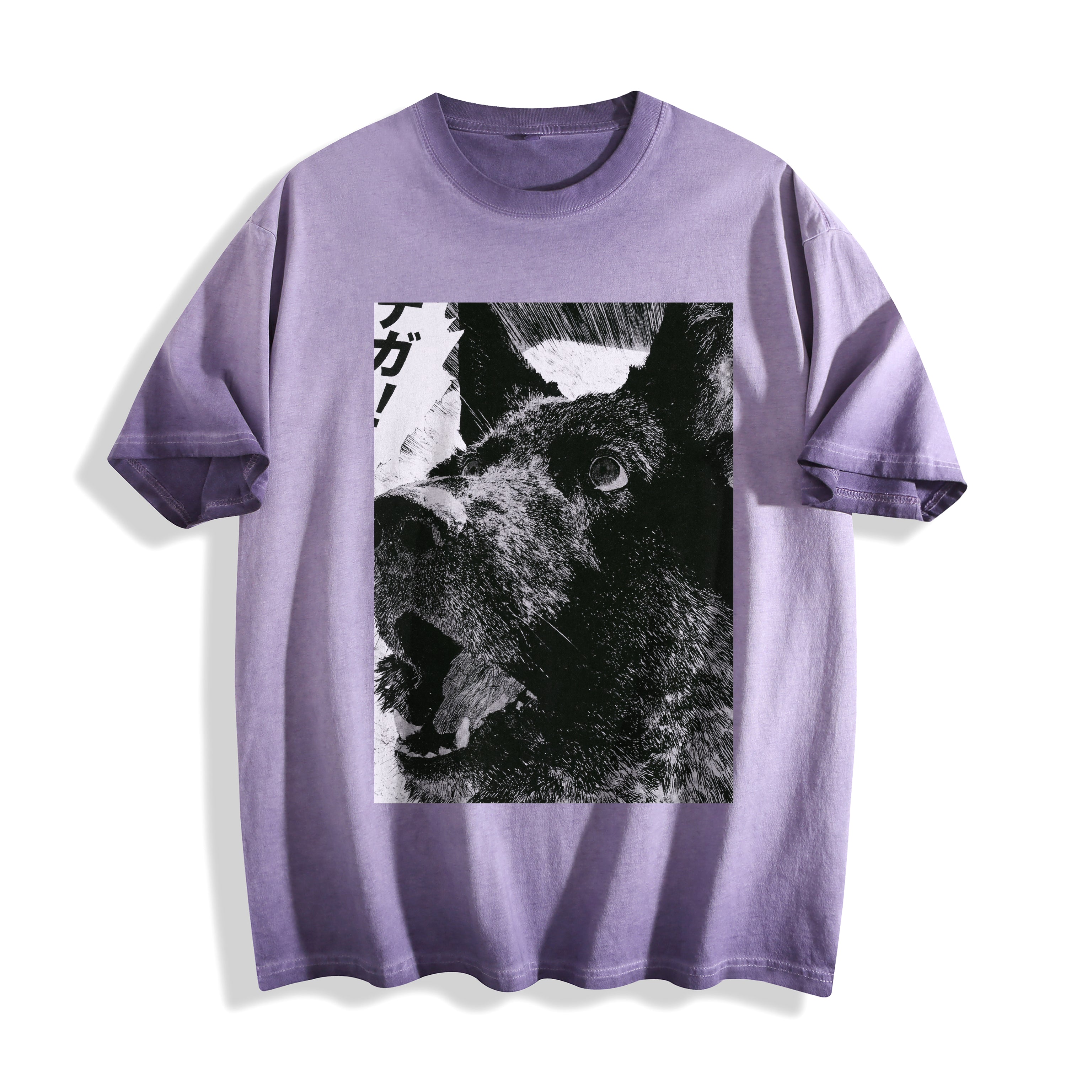 A lavender purple short-sleeve t-shirt with a large black and white graphic print of a dog's face on the front, displayed against a clean white background.