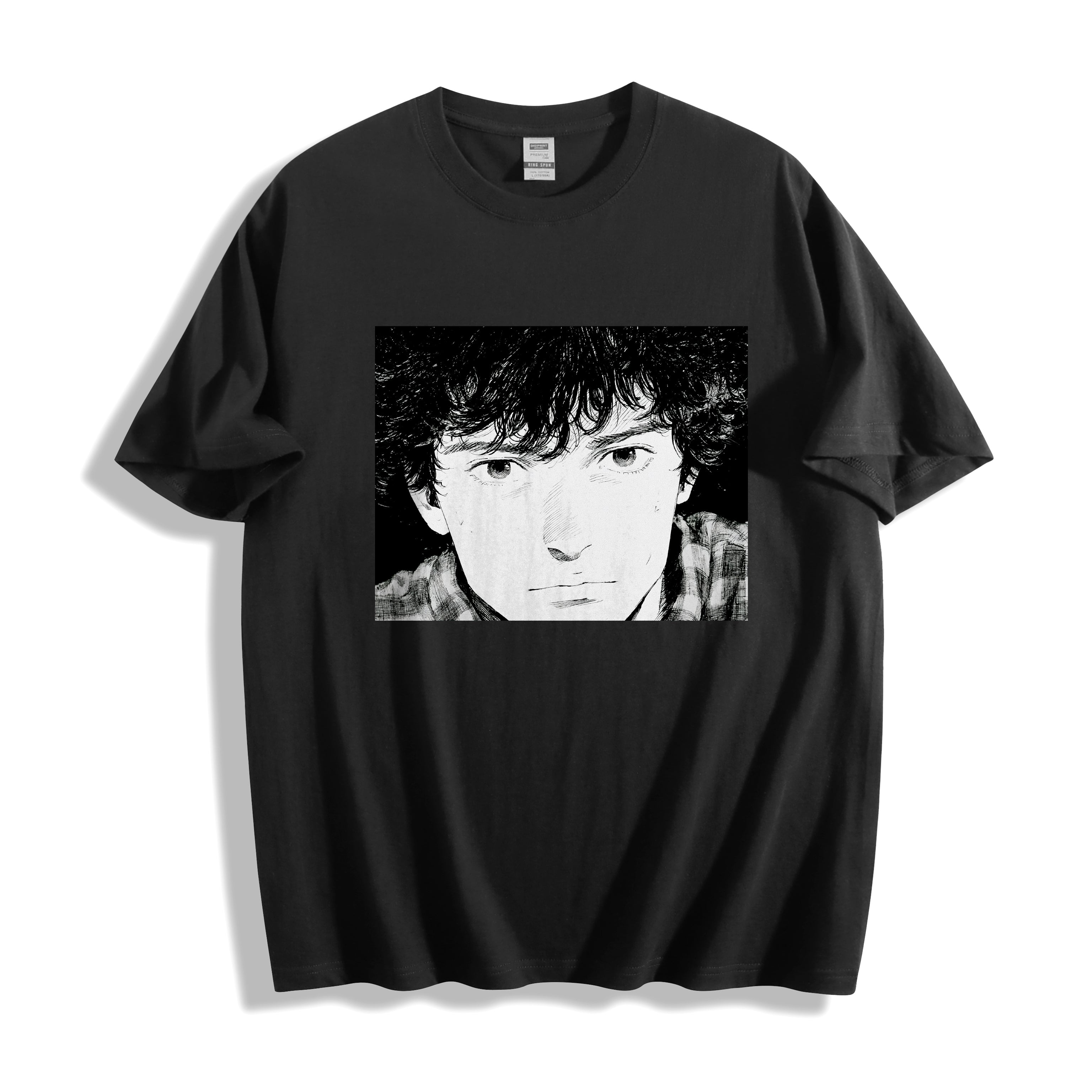 A flat lay of a black messy hair manga portrait graphic tee, featuring the inverse high-contrast manga graphic for an edgy streetwear aesthetic.