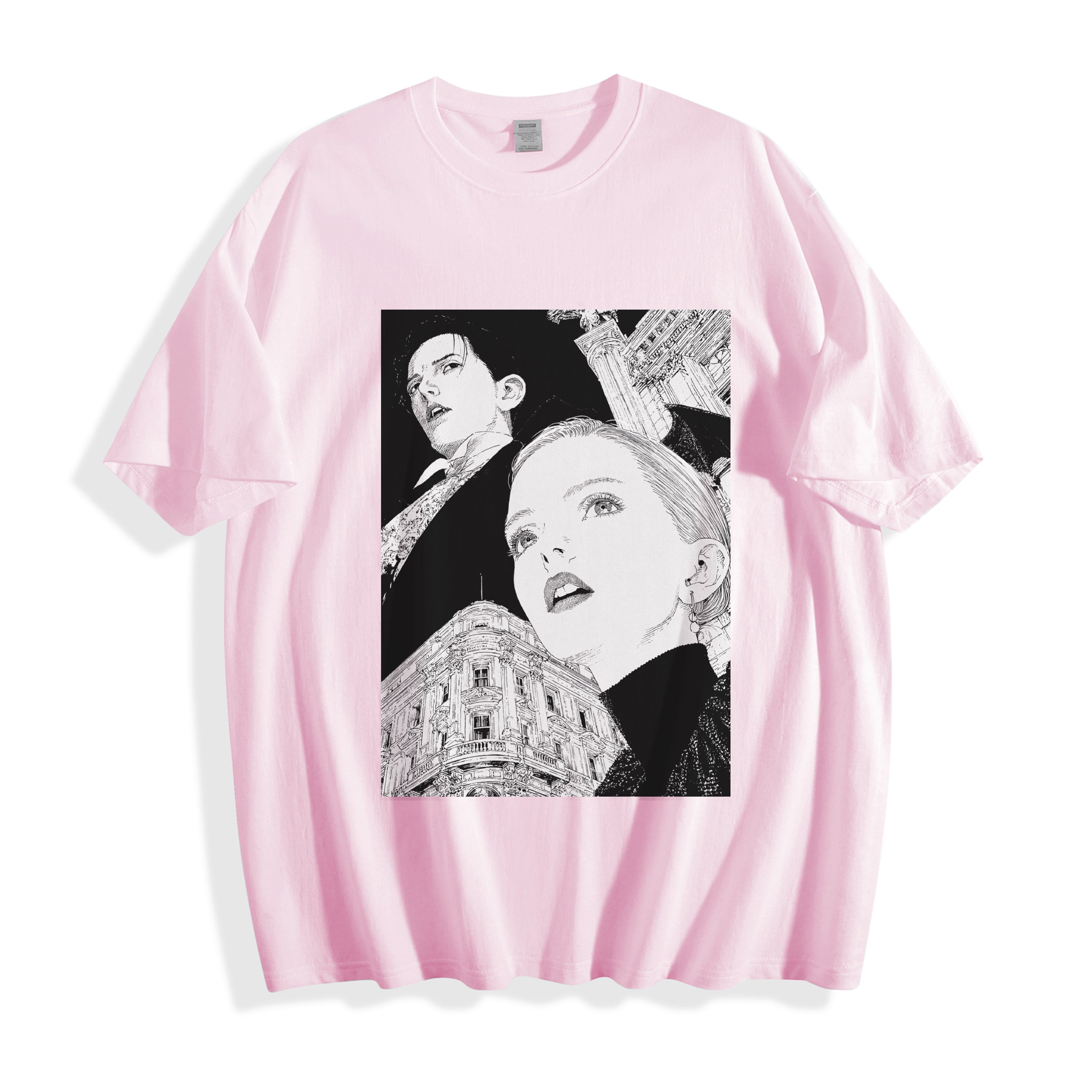A flat lay of a light pink monochrome upward gaze graphic tee, blending a soft pastel tone with the sharp monochrome lines of the 1998 archive collection.